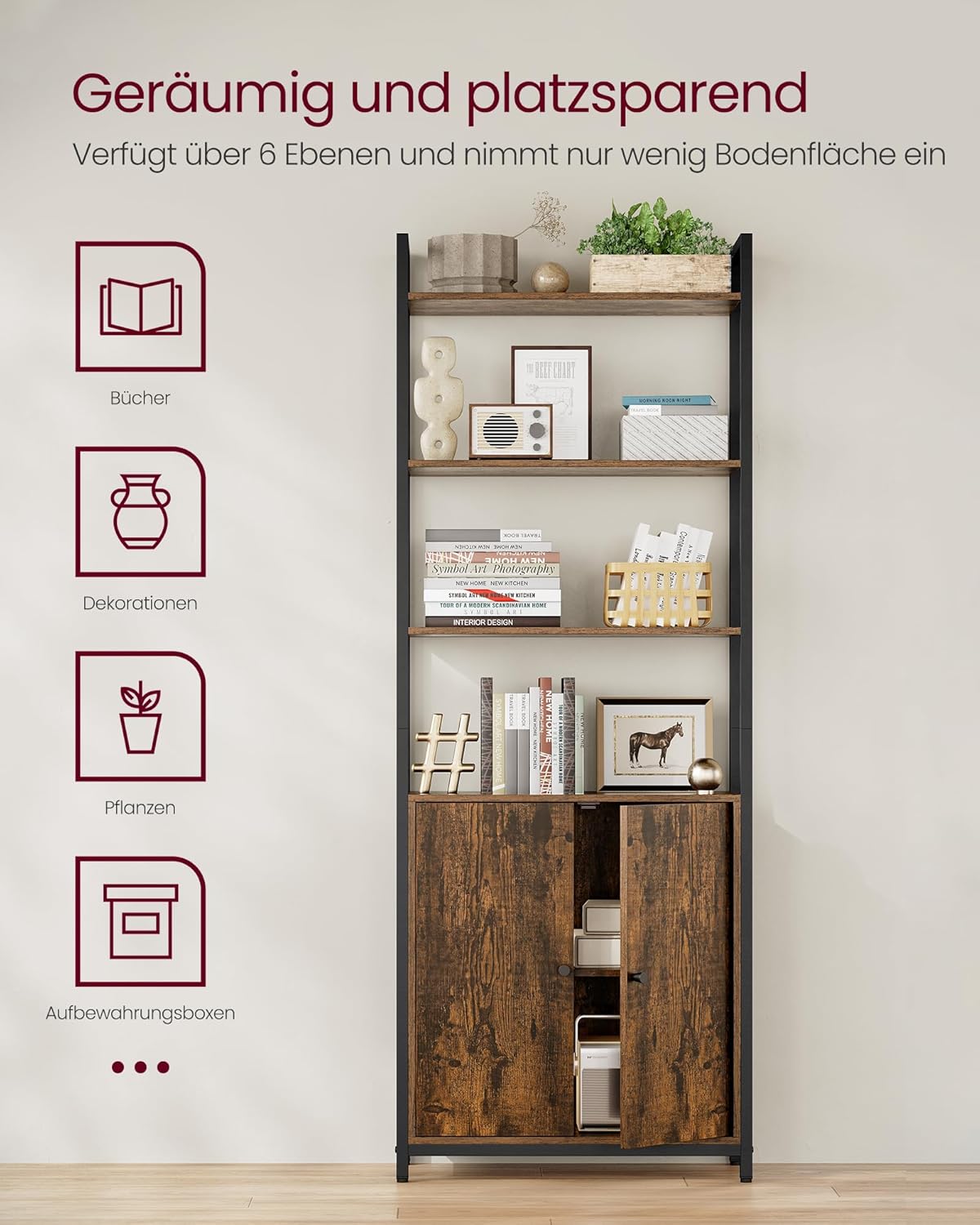 VASAGLE Bücherregal, 6 Ebenen, Regal, Standregal mit Türen, Metallrahmen, verstellbaren Ablagen, 24 x 60 x 159,5 cm, für Wohnzimmer, Schlafzimmer, vintagebraun-tintenschwarz LLS133K01 — Ansicht 5