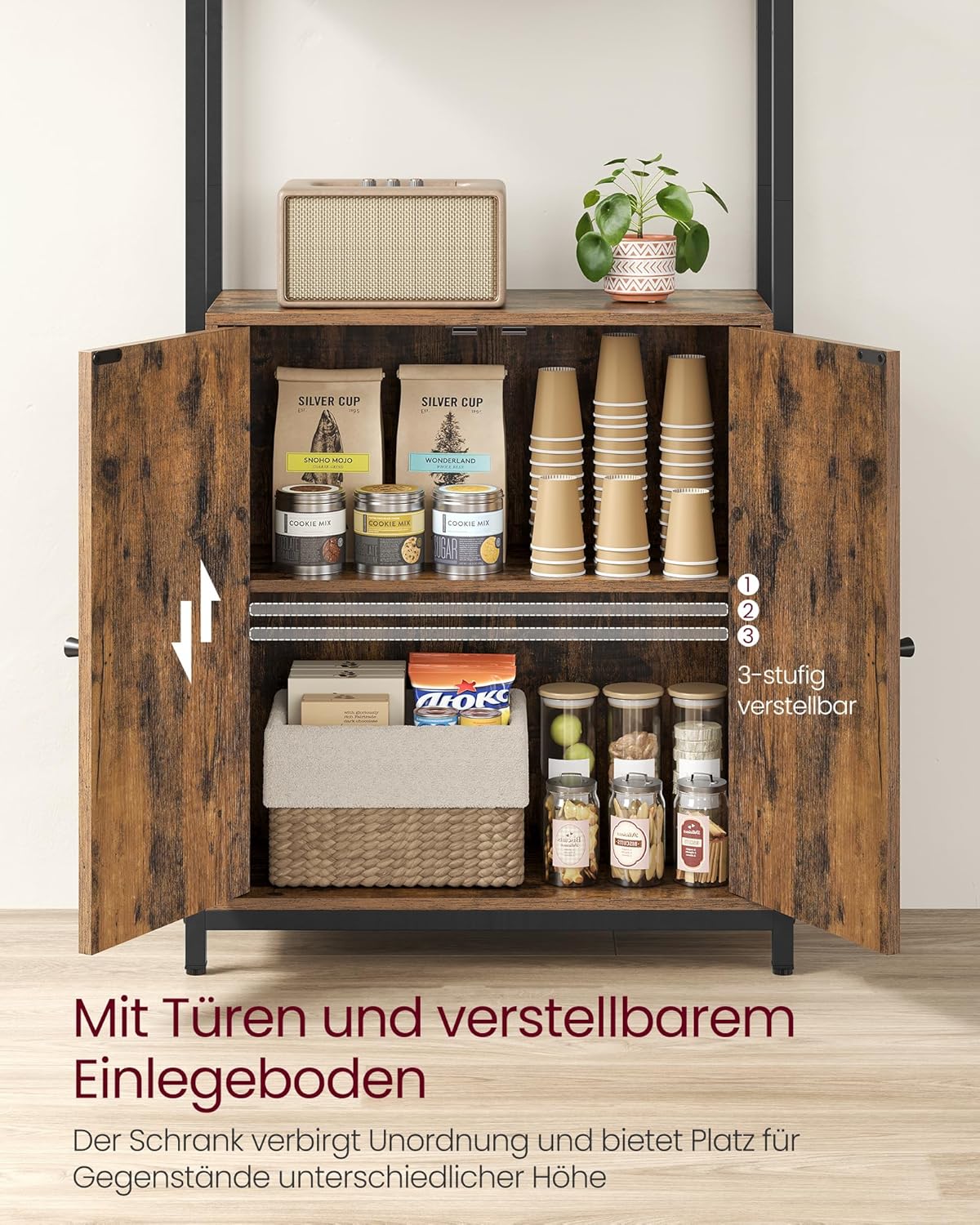 VASAGLE Bücherregal, 6 Ebenen, Regal, Standregal mit Türen, Metallrahmen, verstellbaren Ablagen, 24 x 60 x 159,5 cm, für Wohnzimmer, Schlafzimmer, vintagebraun-tintenschwarz LLS133K01 — Ansicht 6