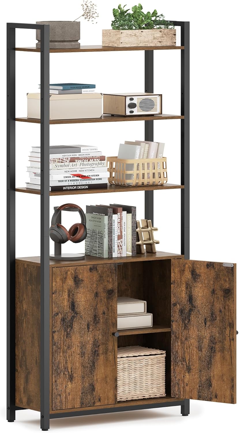 VASAGLE Bücherregal, 6 Ebenen, Regal, Standregal mit Türen, Metallrahmen, verstellbaren Ablagen, 24 x 60 x 159,5 cm, für Wohnzimmer, Schlafzimmer, vintagebraun-tintenschwarz LLS133K01
