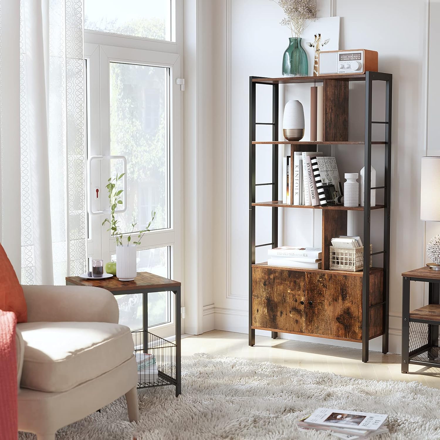 VASAGLE Bücherregal, Bücherschrank mit 4 offenen Regalebenen, Regal, Standregal, geräumiger Wohnzimmerschrank, Küche, Büro, Stahlgestell, Industrie-Design, vintagebraun-tintenschwarz LBC022B01 — Ansicht 2