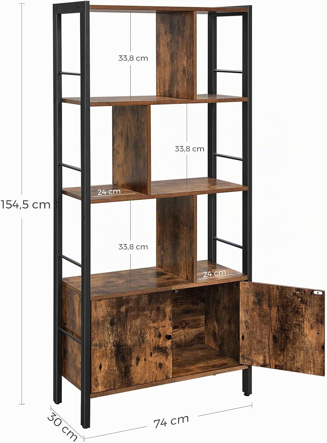 VASAGLE Bücherregal, Bücherschrank mit 4 offenen Regalebenen, Regal, Standregal, geräumiger Wohnzimmerschrank, Küche, Büro, Stahlgestell, Industrie-Design, vintagebraun-tintenschwarz LBC022B01 — Ansicht 3