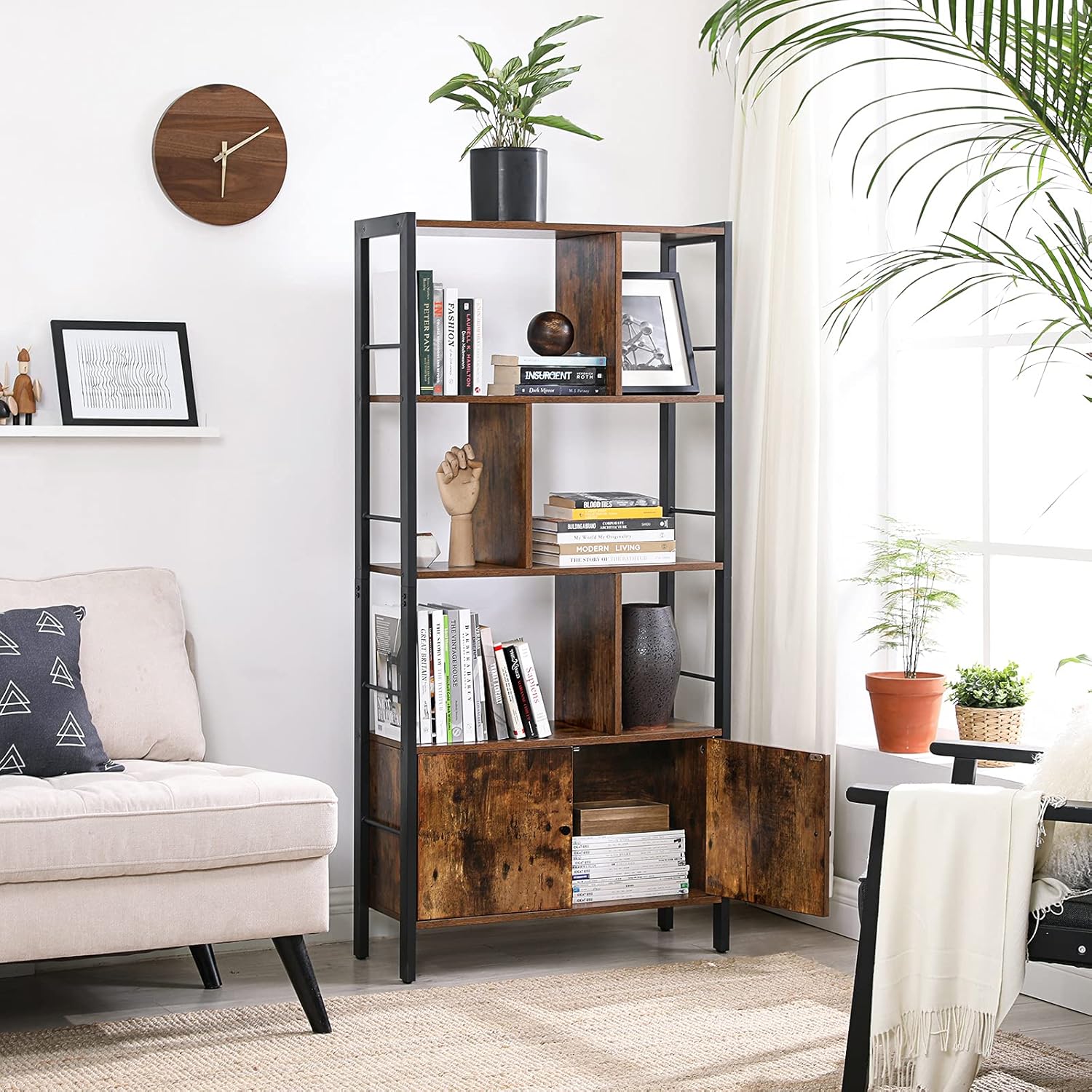VASAGLE Bücherregal, Bücherschrank mit 4 offenen Regalebenen, Regal, Standregal, geräumiger Wohnzimmerschrank, Küche, Büro, Stahlgestell, Industrie-Design, vintagebraun-tintenschwarz LBC022B01 — Ansicht 4