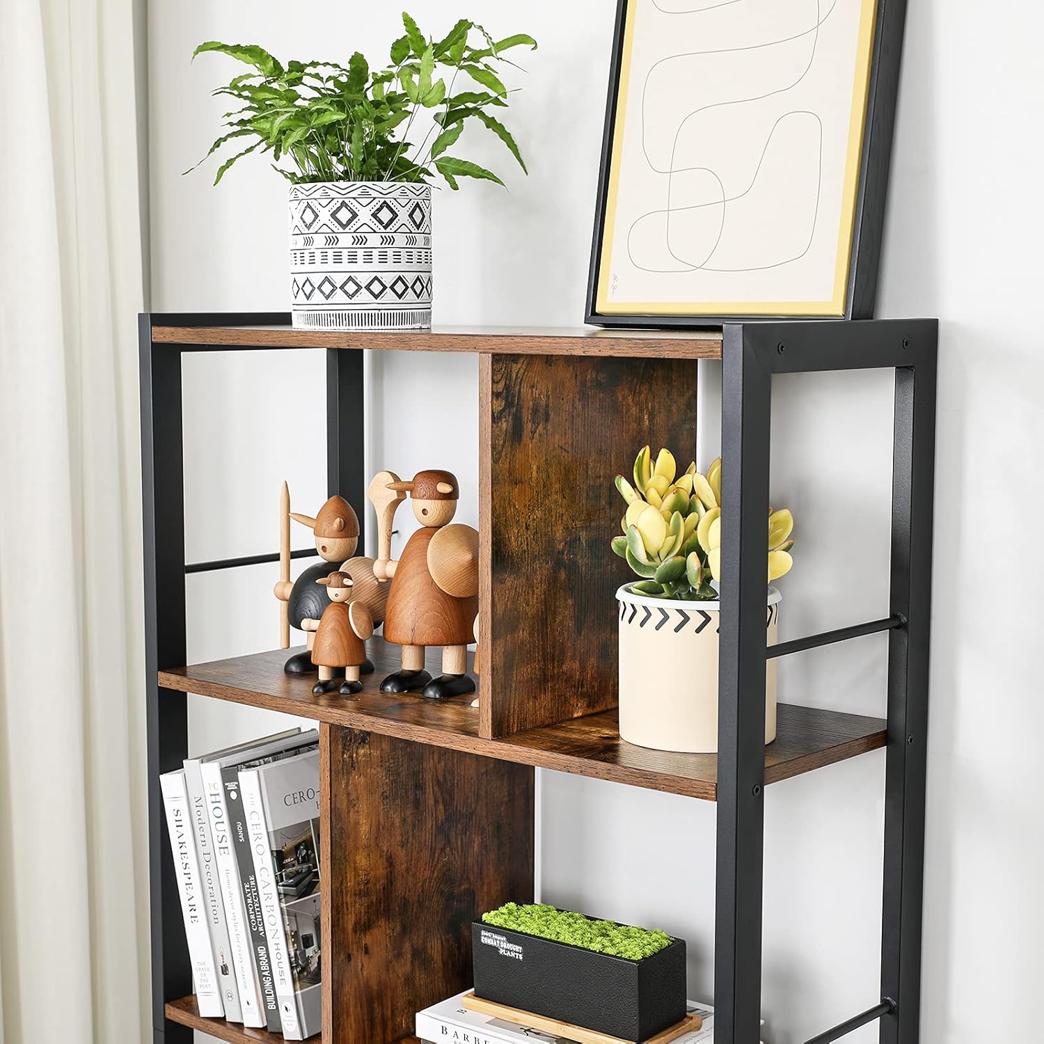 VASAGLE Bücherregal, Bücherschrank mit 4 offenen Regalebenen, Regal, Standregal, geräumiger Wohnzimmerschrank, Küche, Büro, Stahlgestell, Industrie-Design, vintagebraun-tintenschwarz LBC022B01 — Ansicht 5