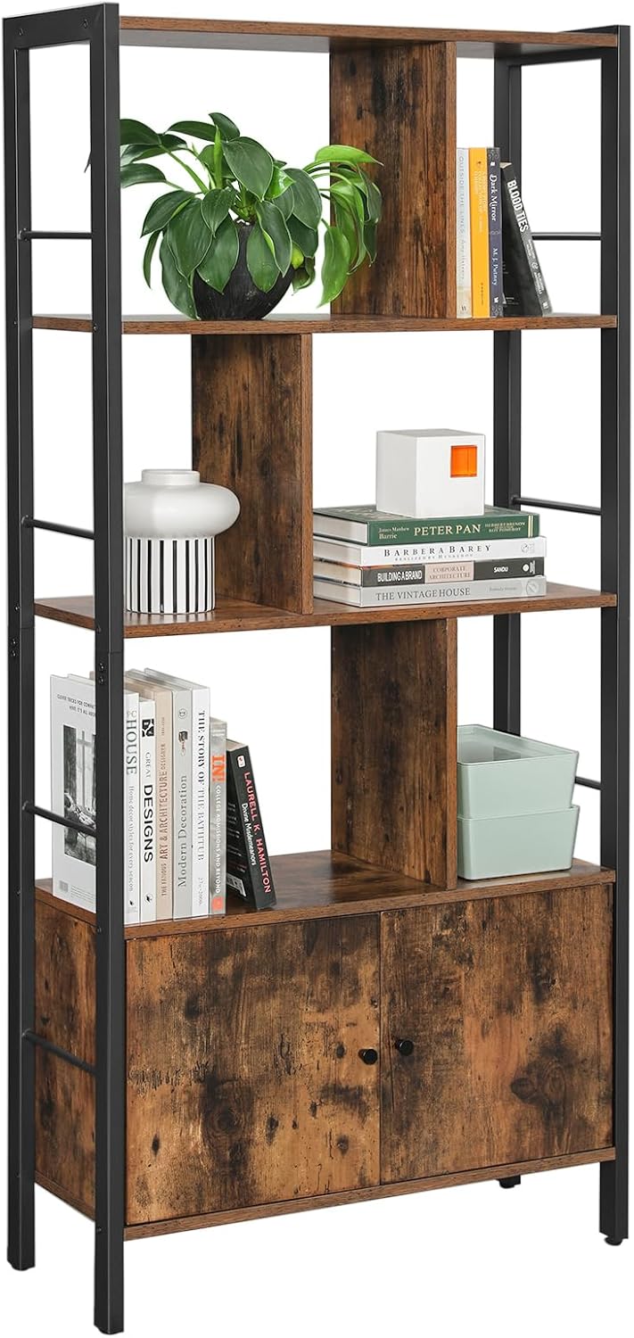 VASAGLE Bücherregal, Bücherschrank mit 4 offenen Regalebenen, Regal, Standregal, geräumiger Wohnzimmerschrank, Küche, Büro, Stahlgestell, Industrie-Design, vintagebraun-tintenschwarz LBC022B01
