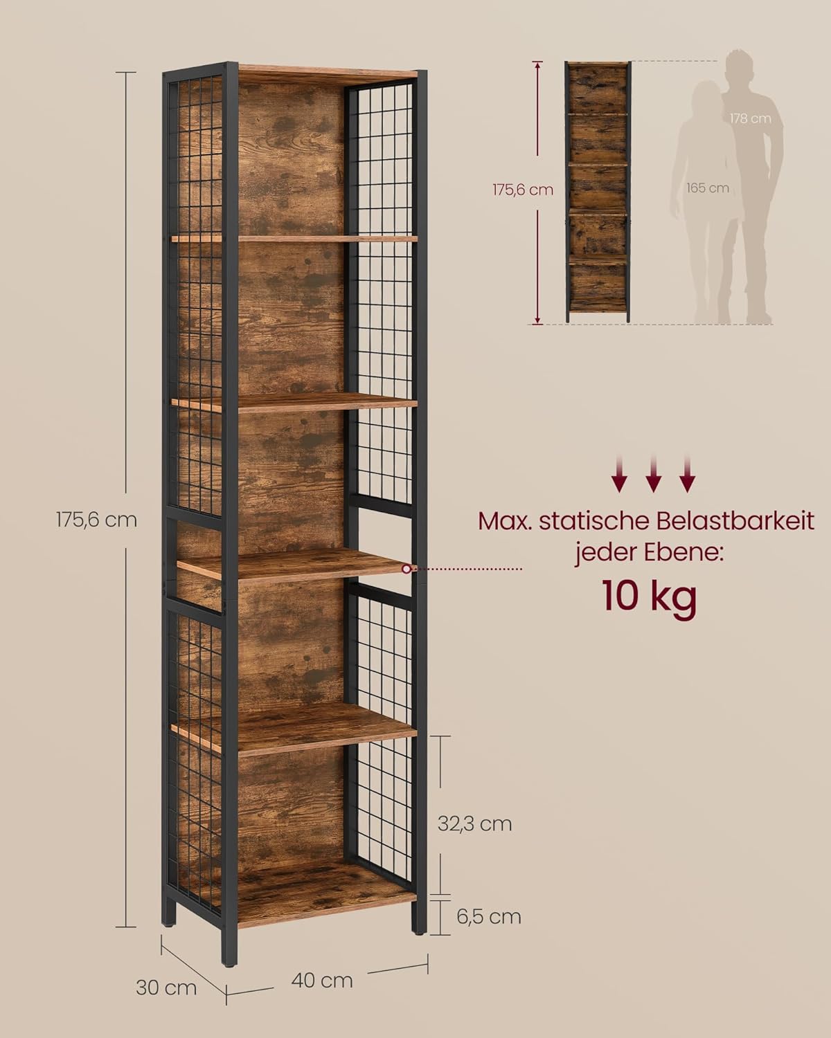 VASAGLE Bücherregal, Büroregal, Küchenregal, Standregal mit 6 Ablagen, 4 S-Haken, 30 x 40 x 175,6 cm, für Büro, Wohnzimmer, Arbeitszimmer, vintagebraun-tintenschwarz LLS170K01 — Ansicht 2