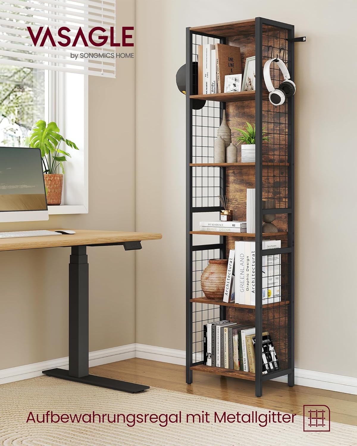 VASAGLE Bücherregal, Büroregal, Küchenregal, Standregal mit 6 Ablagen, 4 S-Haken, 30 x 40 x 175,6 cm, für Büro, Wohnzimmer, Arbeitszimmer, vintagebraun-tintenschwarz LLS170K01 — Ansicht 3