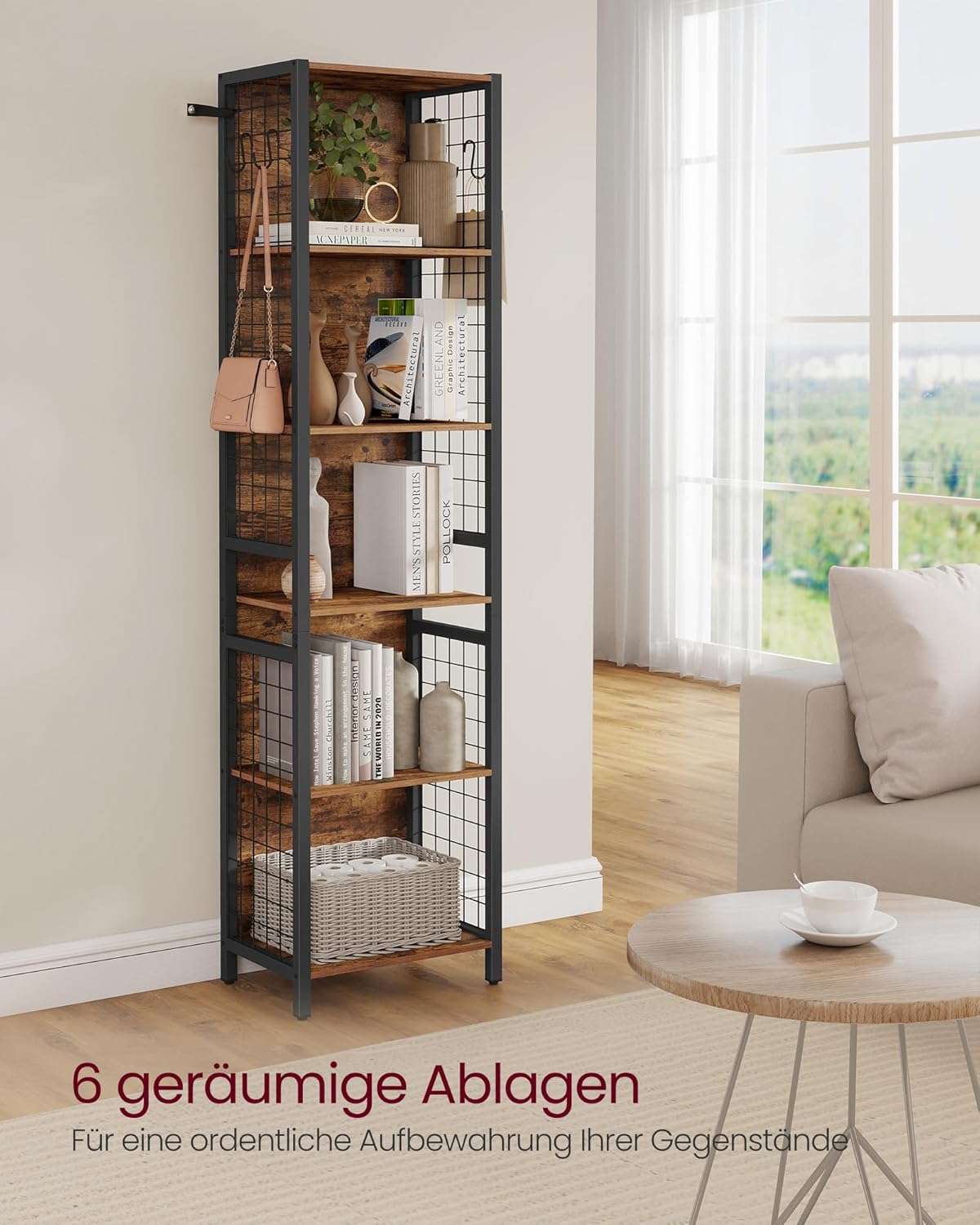 VASAGLE Bücherregal, Büroregal, Küchenregal, Standregal mit 6 Ablagen, 4 S-Haken, 30 x 40 x 175,6 cm, für Büro, Wohnzimmer, Arbeitszimmer, vintagebraun-tintenschwarz LLS170K01 — Ansicht 4