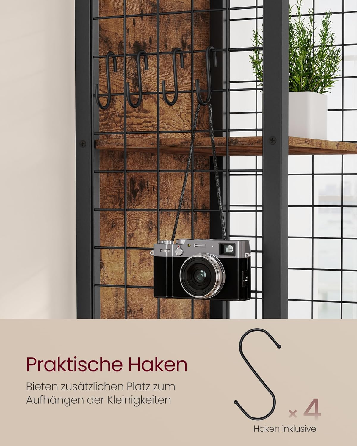 VASAGLE Bücherregal, Büroregal, Küchenregal, Standregal mit 6 Ablagen, 4 S-Haken, 30 x 40 x 175,6 cm, für Büro, Wohnzimmer, Arbeitszimmer, vintagebraun-tintenschwarz LLS170K01 — Ansicht 5