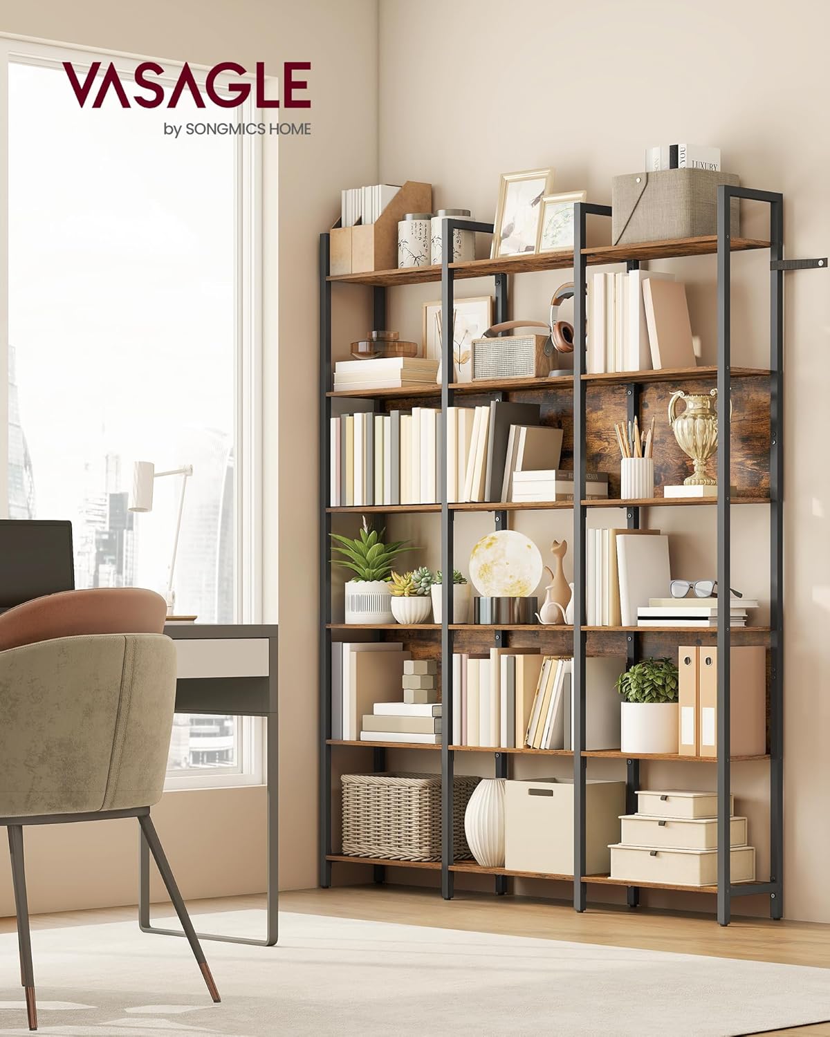 VASAGLE Bücherregal, Küchenregal, Standregal mit 6 offenen Regalebenen, Flur, Küche, Büro, stabiles Stahlgestell, Industrie-Design, 24 x 128 x 187,1 cm, vintagebraun-tintenschwarz LLS151K01 — Ansicht 2