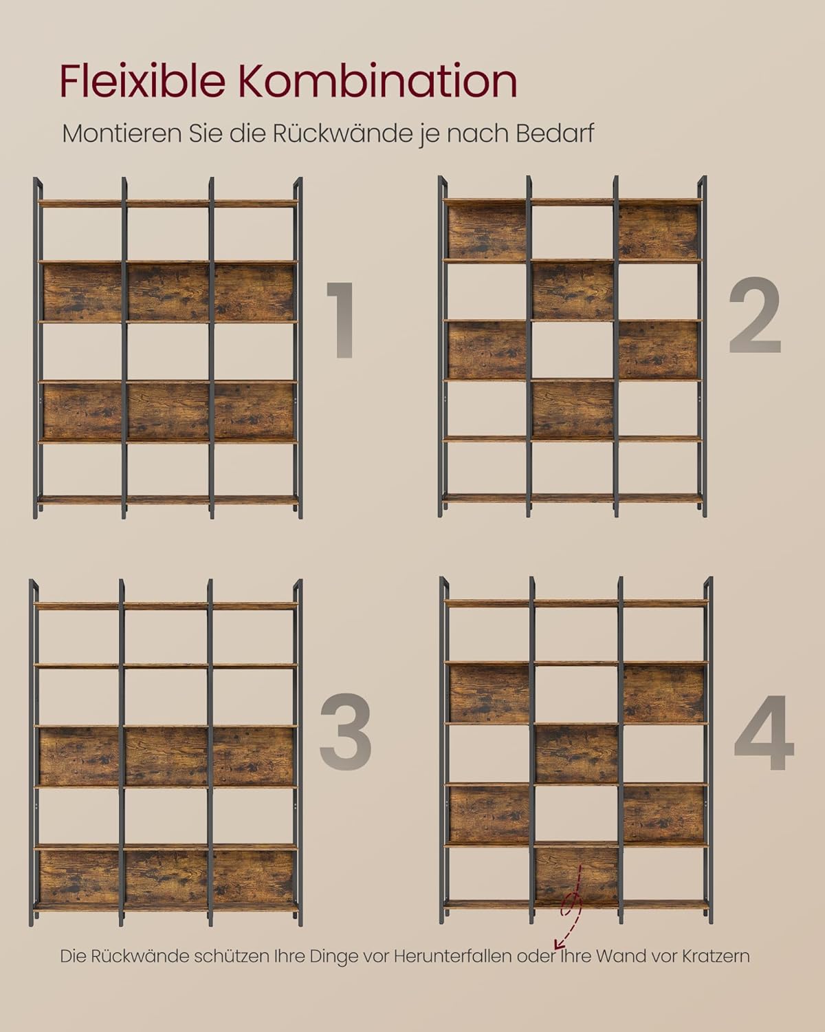 VASAGLE Bücherregal, Küchenregal, Standregal mit 6 offenen Regalebenen, Flur, Küche, Büro, stabiles Stahlgestell, Industrie-Design, 24 x 128 x 187,1 cm, vintagebraun-tintenschwarz LLS151K01 — Ansicht 3