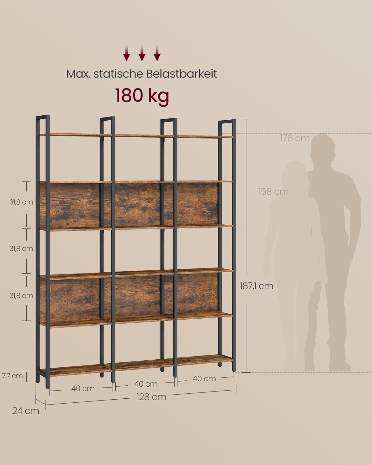 VASAGLE Bücherregal, Küchenregal, Standregal mit 6 offenen Regalebenen, Flur, Küche, Büro, stabiles Stahlgestell, Industrie-Design, 24 x 128 x 187,1 cm, vintagebraun-tintenschwarz LLS151K01 — Ansicht 4