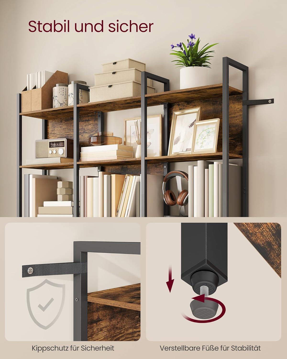 VASAGLE Bücherregal, Küchenregal, Standregal mit 6 offenen Regalebenen, Flur, Küche, Büro, stabiles Stahlgestell, Industrie-Design, 24 x 128 x 187,1 cm, vintagebraun-tintenschwarz LLS151K01 — Ansicht 5