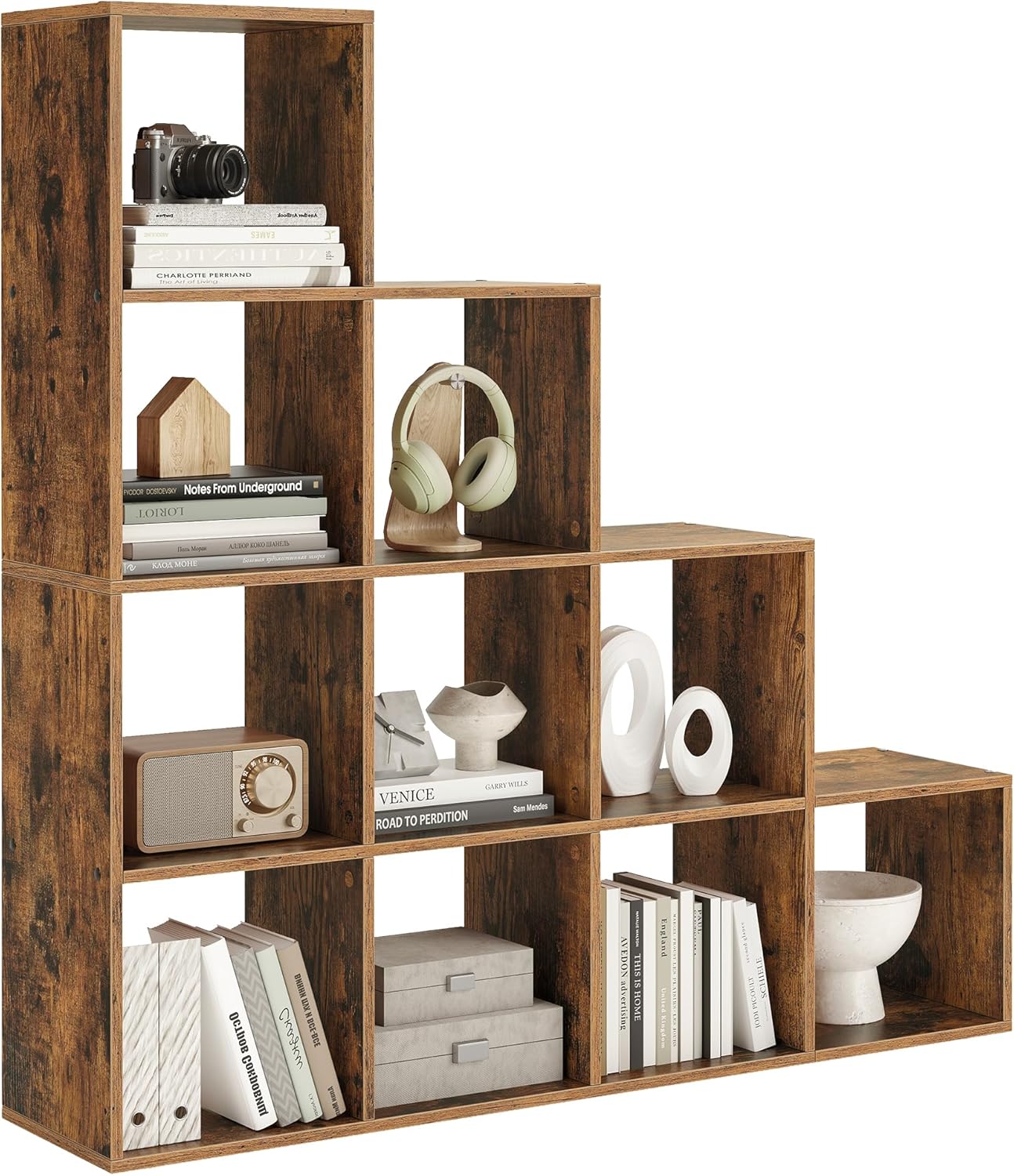VASAGLE Bücherregal mit 10 Fächern, Regal offen, Stufenregal | Ordnungssystem für Deko, Pflanzen, Wohnzimmer Schlafzimmer, Rustikales Braun, CUSTOS Kollektion, LBC10BX