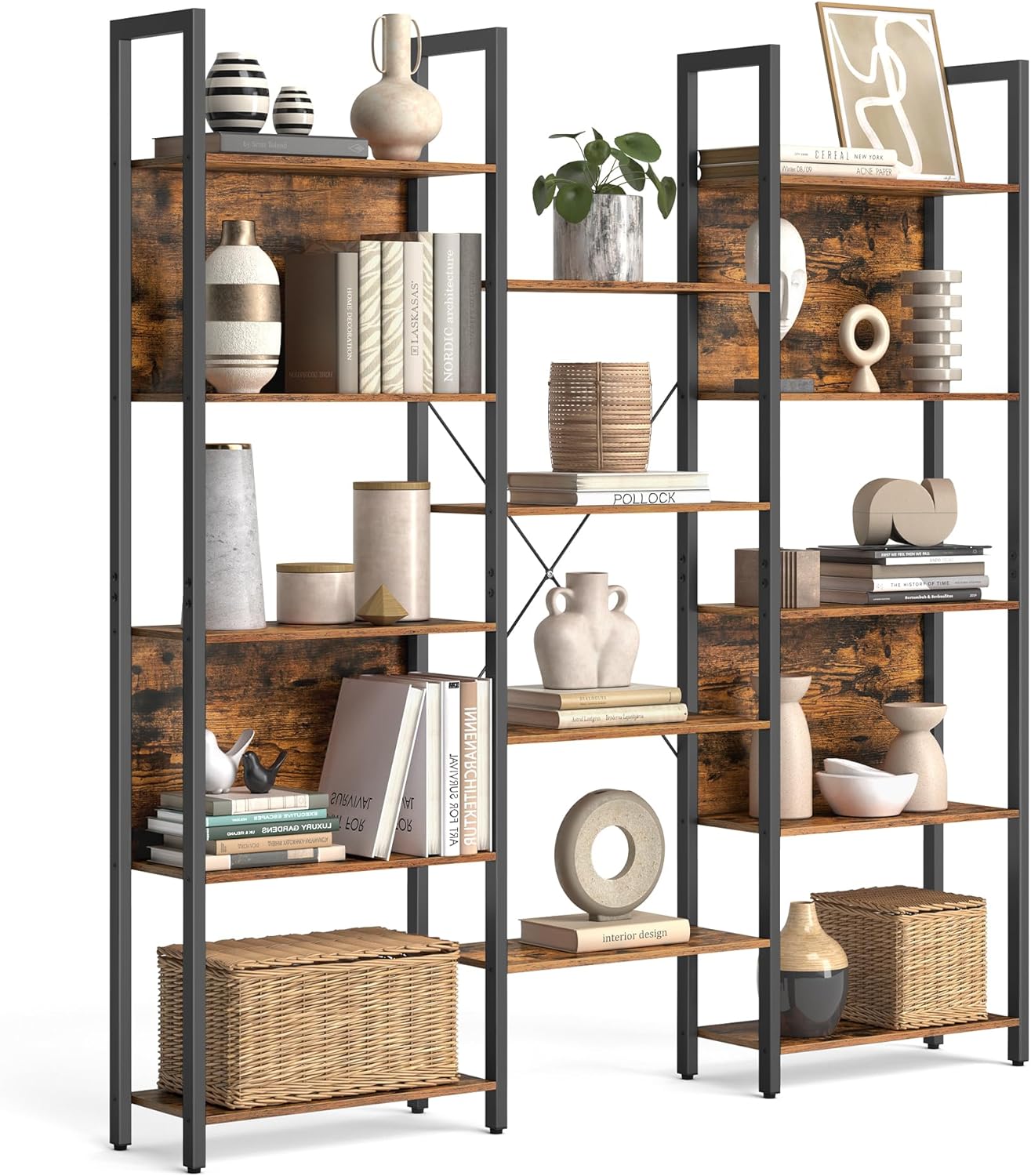 VASAGLE Bücherregal, Standregal mit 14 Ablagen, Regal mit Metallrahmen, für Wohnzimmer, Arbeitszimmer, Büro, Industrie-Design, 24 x 158 x 166 cm, vintagebraun-tintenschwarz LLS107B01