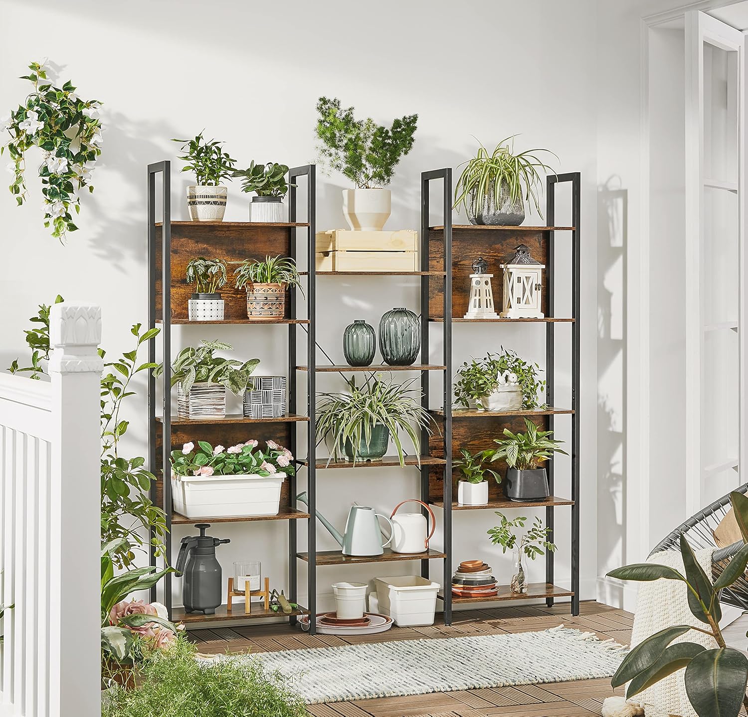 VASAGLE Bücherregal, Standregal mit 14 Ablagen, Regal mit Metallrahmen, für Wohnzimmer, Arbeitszimmer, Büro, Industrie-Design, 24 x 158 x 166 cm, vintagebraun-tintenschwarz LLS107B01 — Ansicht 2