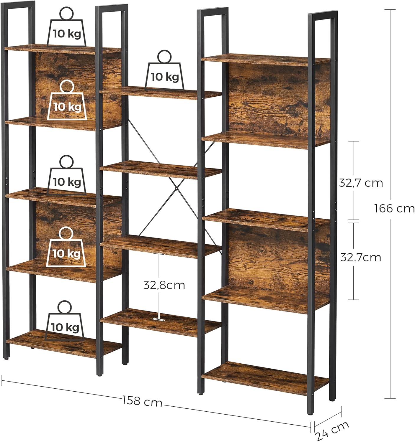 VASAGLE Bücherregal, Standregal mit 14 Ablagen, Regal mit Metallrahmen, für Wohnzimmer, Arbeitszimmer, Büro, Industrie-Design, 24 x 158 x 166 cm, vintagebraun-tintenschwarz LLS107B01 — Ansicht 3