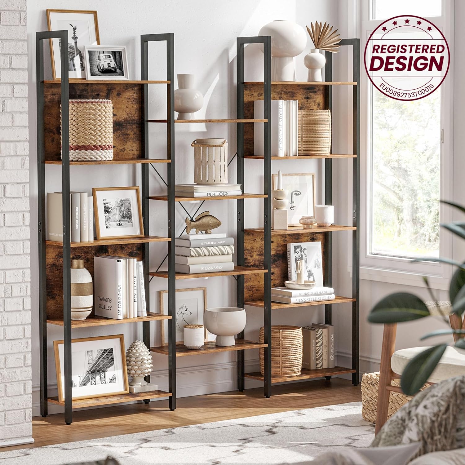 VASAGLE Bücherregal, Standregal mit 14 Ablagen, Regal mit Metallrahmen, für Wohnzimmer, Arbeitszimmer, Büro, Industrie-Design, 24 x 158 x 166 cm, vintagebraun-tintenschwarz LLS107B01 — Ansicht 4