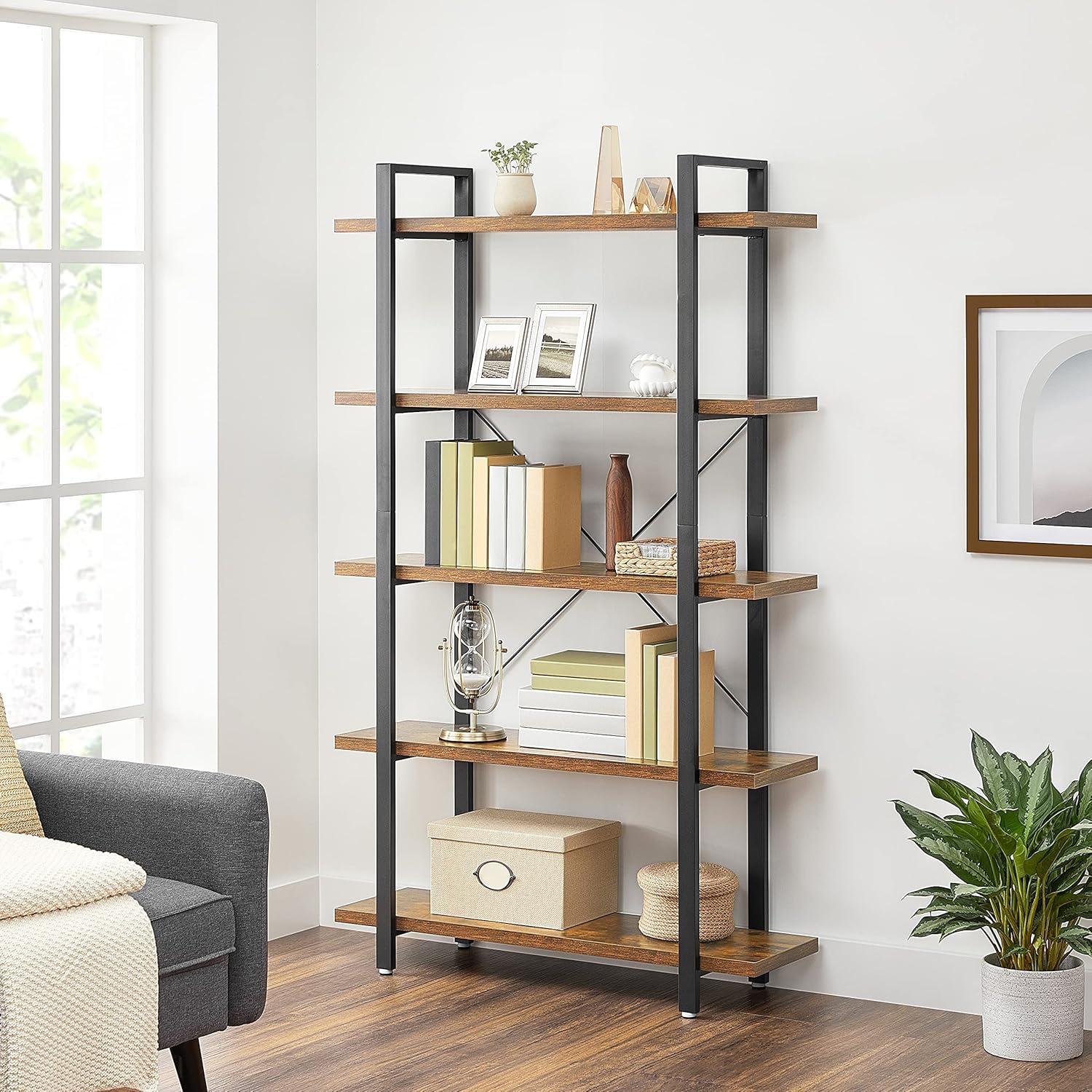 VASAGLE Bücherregal, Standregal mit 5 Ebenen, Regal, Wohnzimmerregal, einfacher Aufbau, für Wohnzimmer, Schlafzimmer, Büro, Industrie-Design, vintagebraun-schwarz LLS55BX — Ansicht 2
