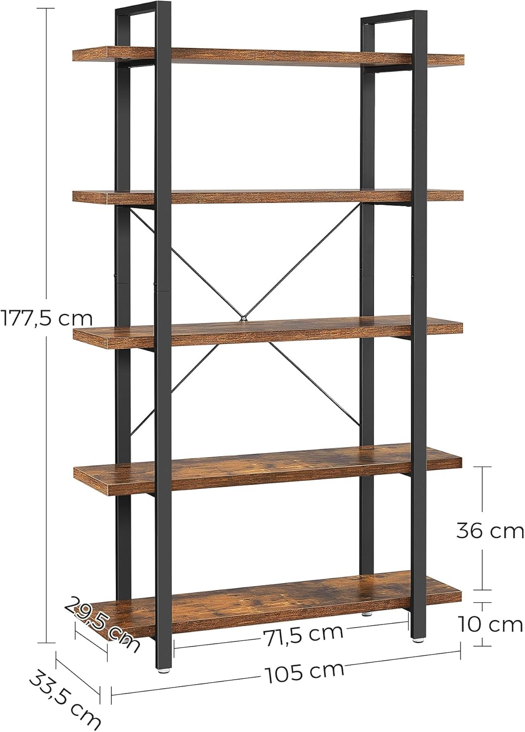 VASAGLE Bücherregal, Standregal mit 5 Ebenen, Regal, Wohnzimmerregal, einfacher Aufbau, für Wohnzimmer, Schlafzimmer, Büro, Industrie-Design, vintagebraun-schwarz LLS55BX — Ansicht 3