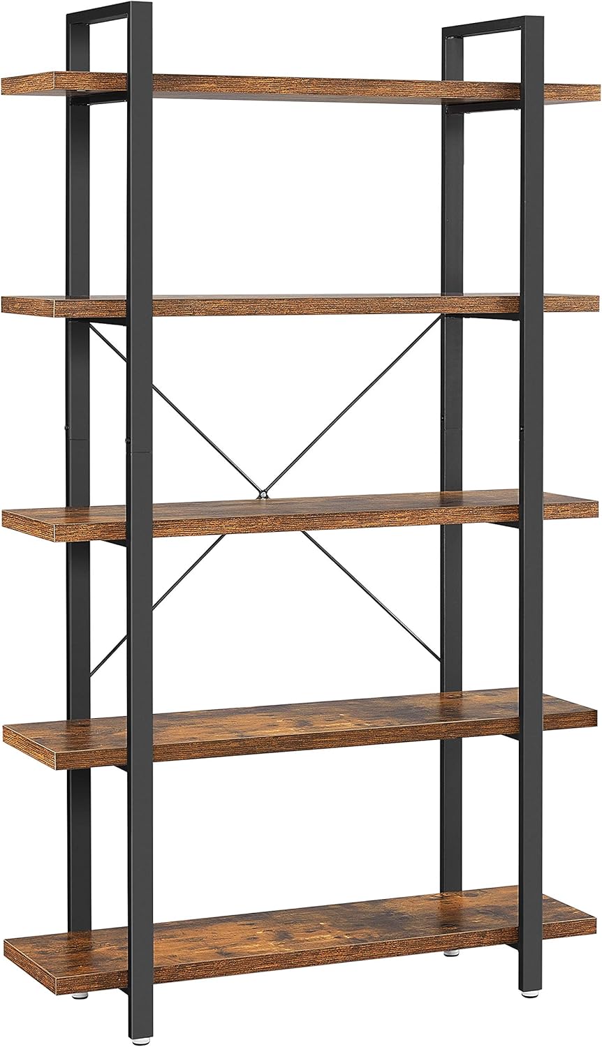 VASAGLE Bücherregal, Standregal mit 5 Ebenen, Regal, Wohnzimmerregal, einfacher Aufbau, für Wohnzimmer, Schlafzimmer, Büro, Industrie-Design, vintagebraun-schwarz LLS55BX