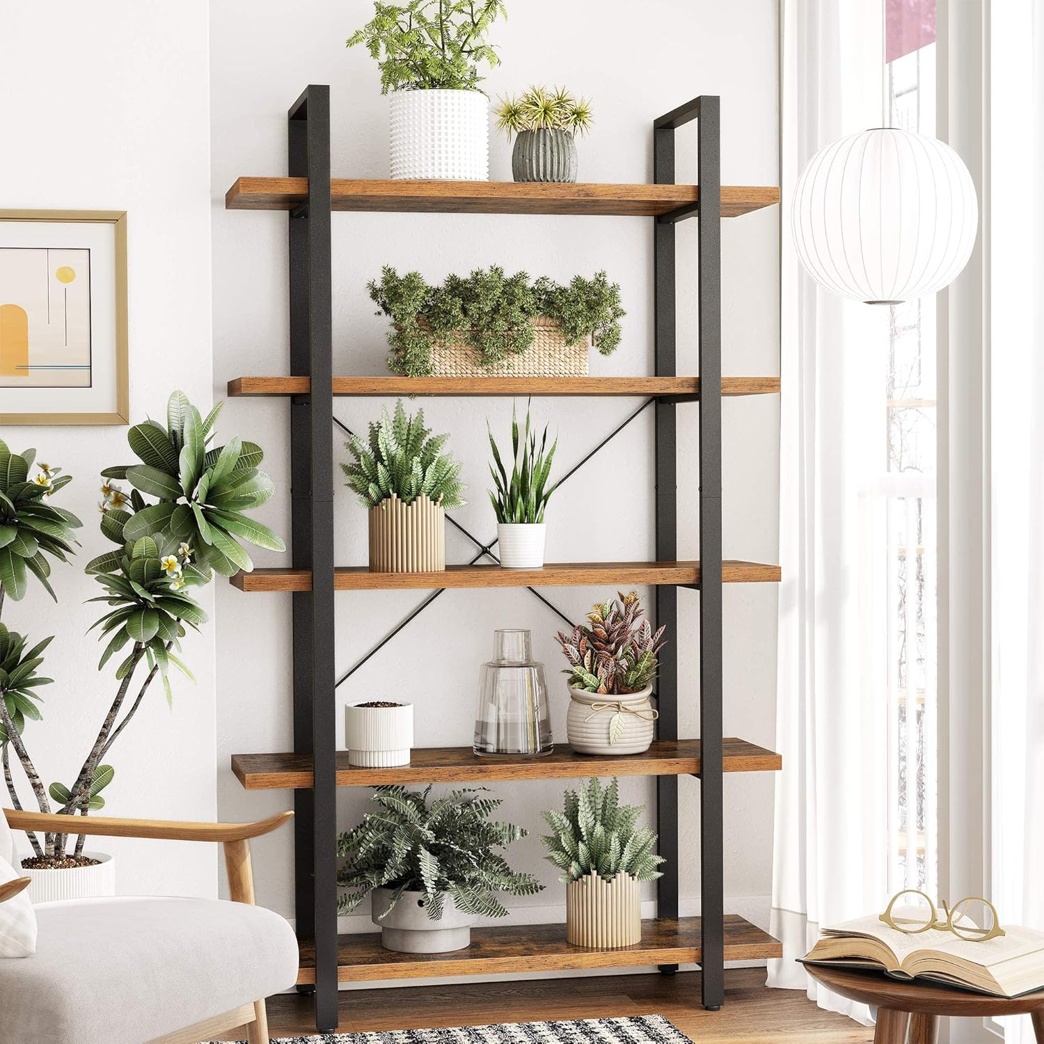 VASAGLE Bücherregal, Standregal mit 5 Ebenen, Regal, Wohnzimmerregal, einfacher Aufbau, für Wohnzimmer, Schlafzimmer, Büro, Industrie-Design, vintagebraun-schwarz LLS55BX — Ansicht 4
