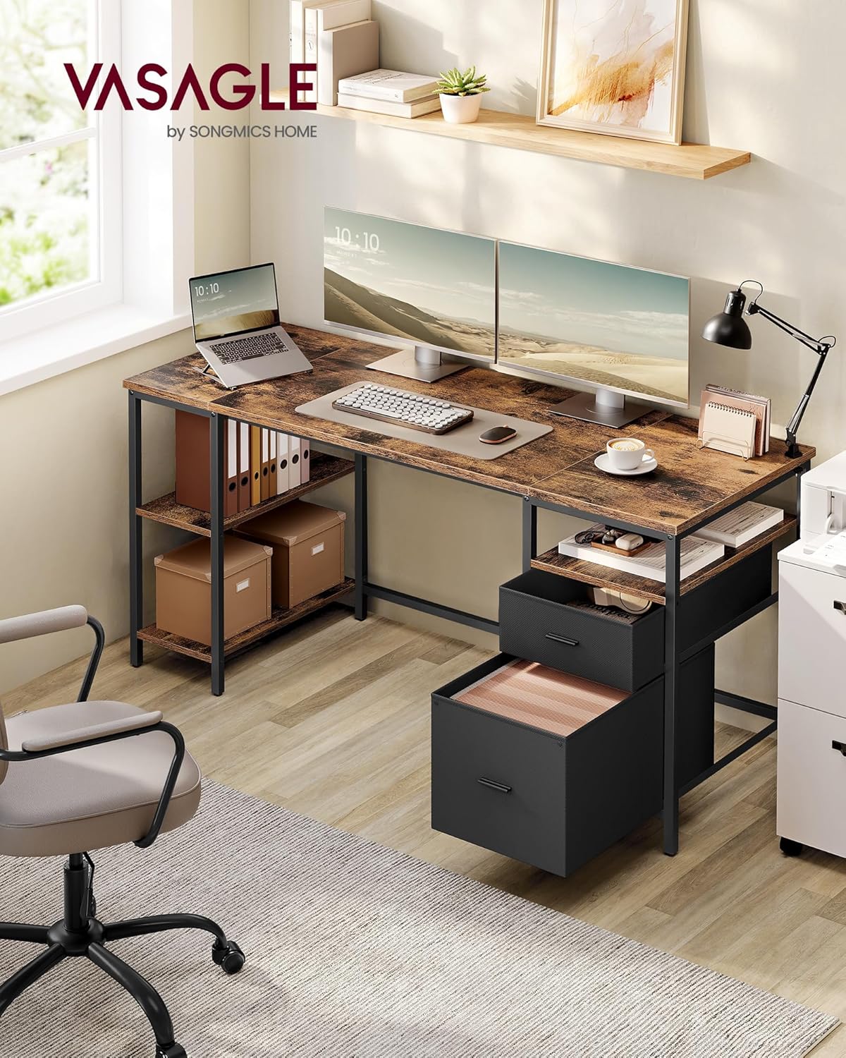 VASAGLE Computertisch, Bürotisch, Schreibtisch, mit 3 Ablagen, 2 Schubladen, 160 x 60 x 76 cm, fürs Büro, Wohnzimmer, Industrie-Stil, vintagebraun-schwarz LWD105K01 — Ansicht 2