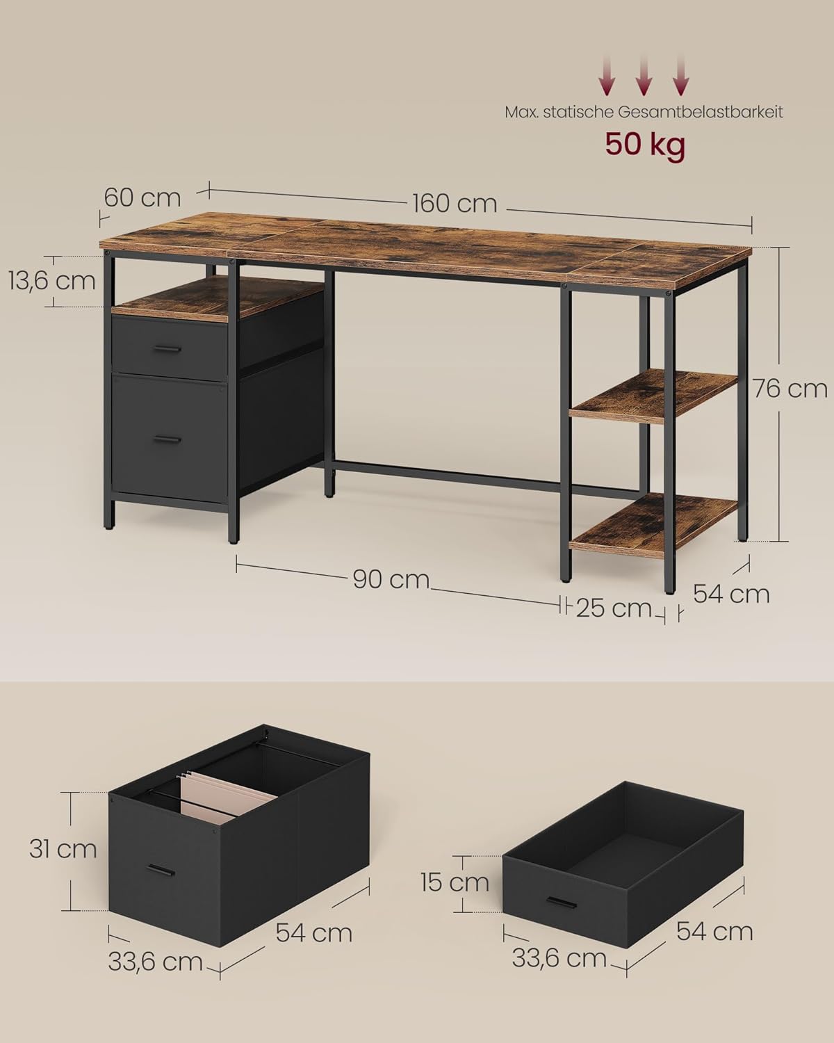 VASAGLE Computertisch, Bürotisch, Schreibtisch, mit 3 Ablagen, 2 Schubladen, 160 x 60 x 76 cm, fürs Büro, Wohnzimmer, Industrie-Stil, vintagebraun-schwarz LWD105K01 — Ansicht 3