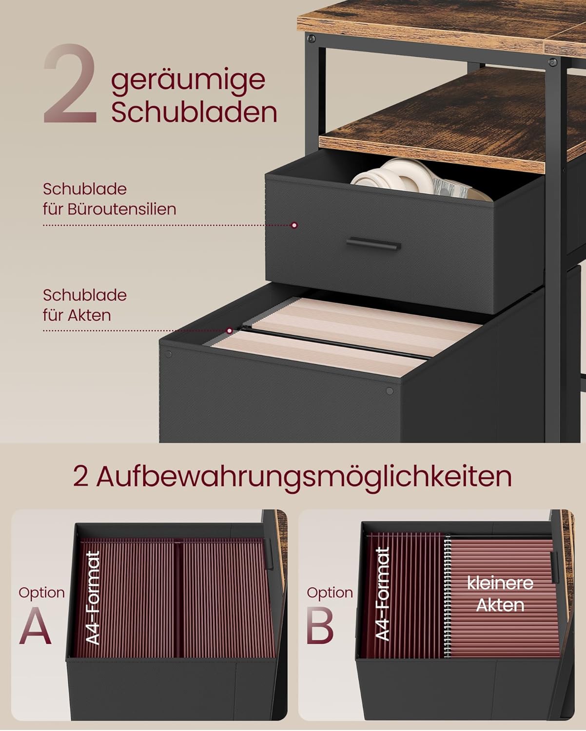 VASAGLE Computertisch, Bürotisch, Schreibtisch, mit 3 Ablagen, 2 Schubladen, 160 x 60 x 76 cm, fürs Büro, Wohnzimmer, Industrie-Stil, vintagebraun-schwarz LWD105K01 — Ansicht 4