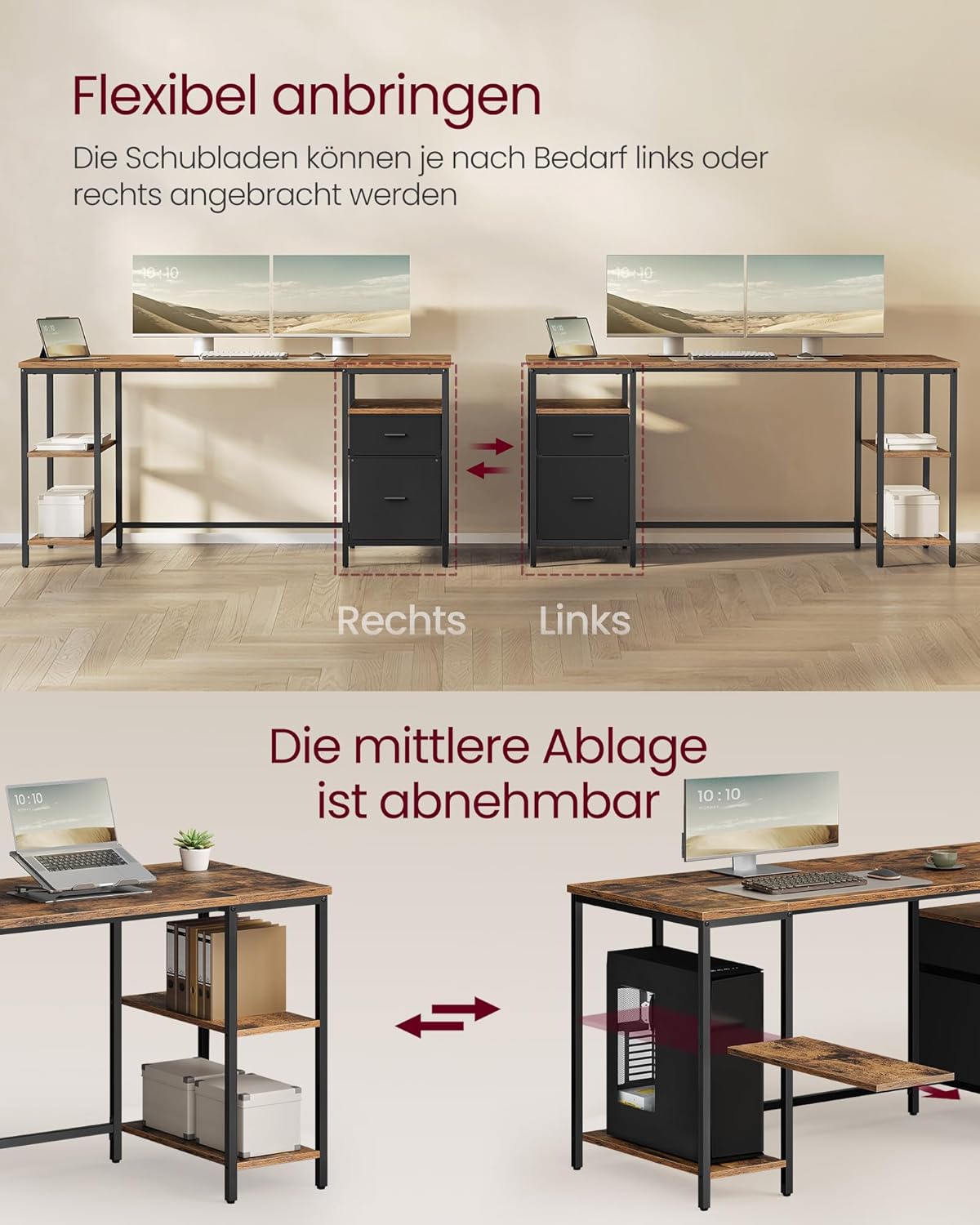 VASAGLE Computertisch, Bürotisch, Schreibtisch, mit 3 Ablagen, 2 Schubladen, 160 x 60 x 76 cm, fürs Büro, Wohnzimmer, Industrie-Stil, vintagebraun-schwarz LWD105K01 — Ansicht 5