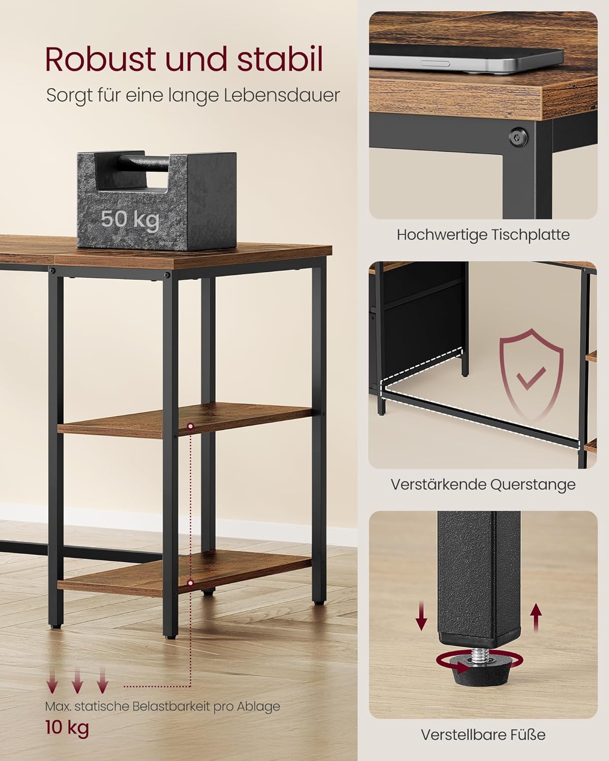 VASAGLE Computertisch, Bürotisch, Schreibtisch, mit 3 Ablagen, 2 Schubladen, 160 x 60 x 76 cm, fürs Büro, Wohnzimmer, Industrie-Stil, vintagebraun-schwarz LWD105K01 — Ansicht 6