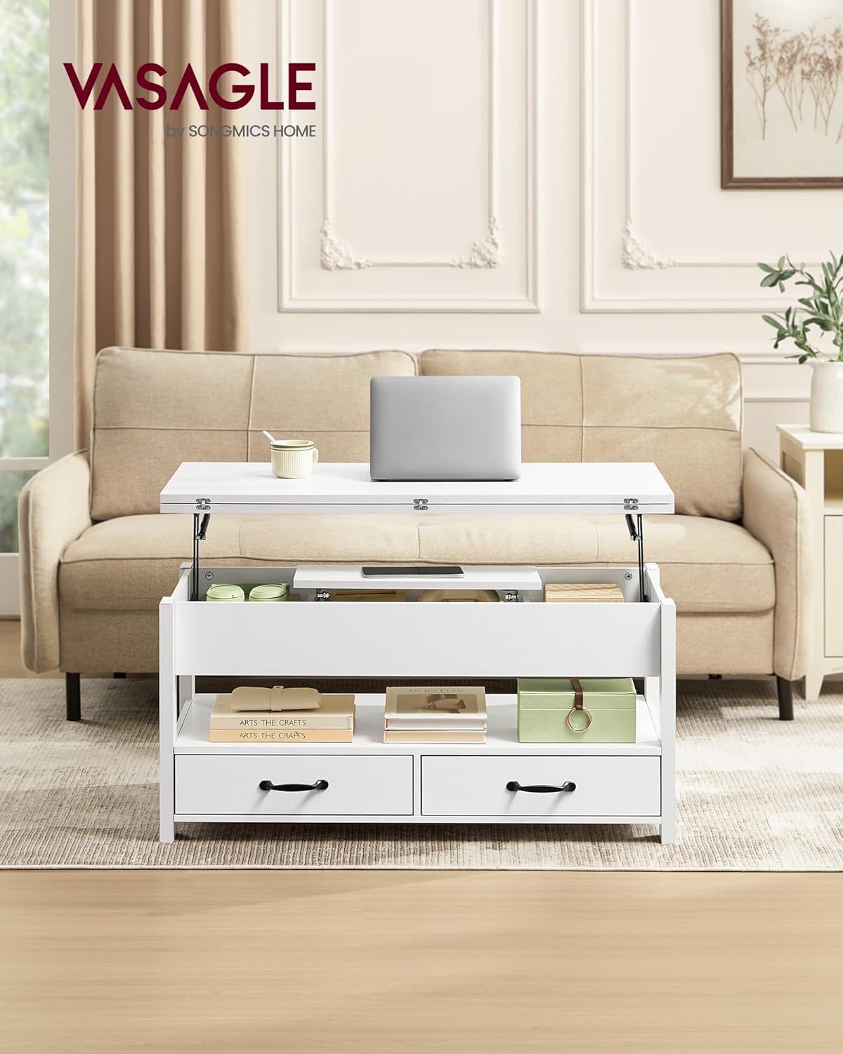 VASAGLE Couchtisch, höhenverstellbarer Wohnzimmertisch, Gaszylinder, 2 Schubladen und 3 Fächer unter der Tischplatte, Kaffeetisch, 1 offenes Fach, für Wohnzimmer, Homeoffice, schneeweiß LCT254W02 — Ansicht 2