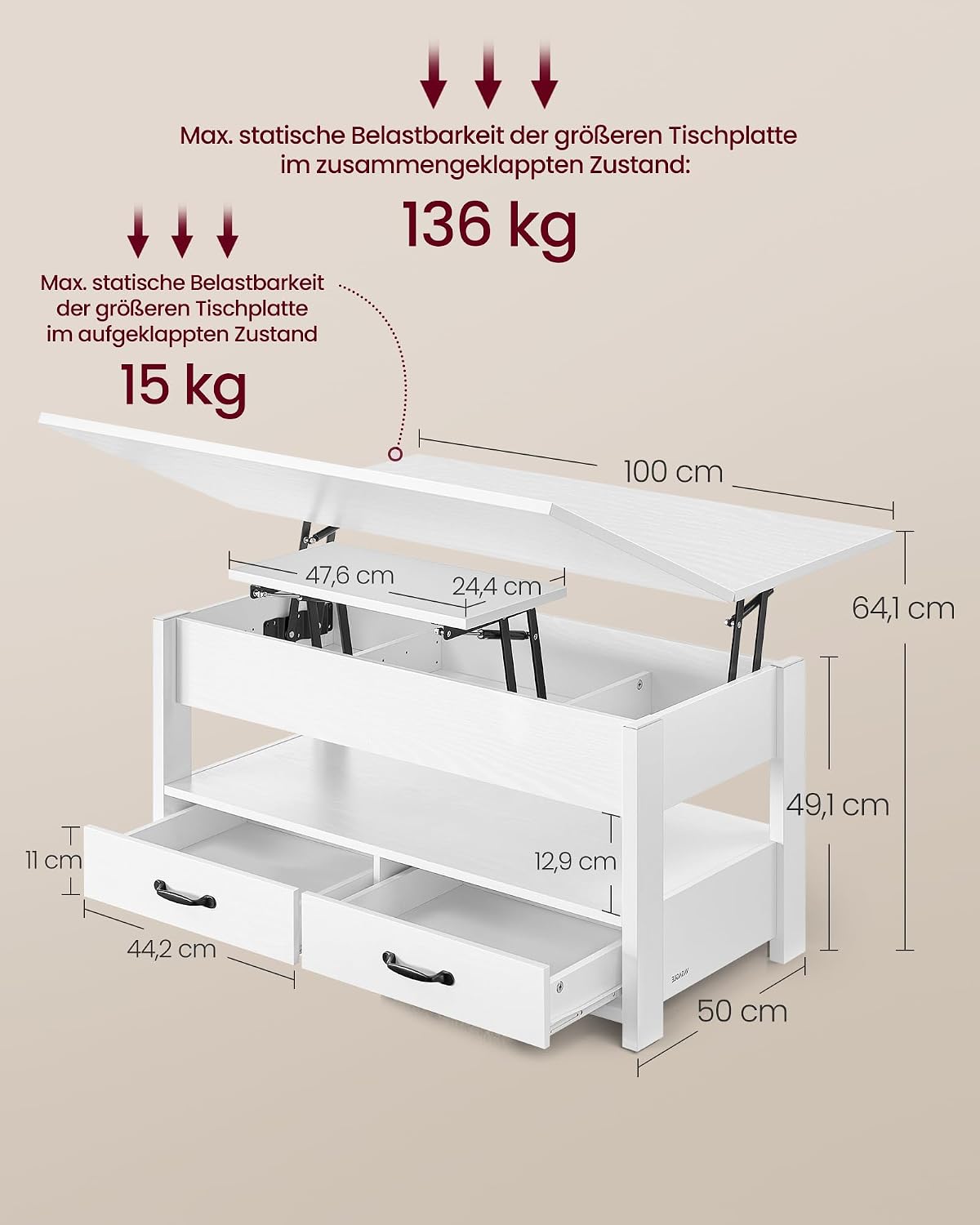 VASAGLE Couchtisch, höhenverstellbarer Wohnzimmertisch, Gaszylinder, 2 Schubladen und 3 Fächer unter der Tischplatte, Kaffeetisch, 1 offenes Fach, für Wohnzimmer, Homeoffice, schneeweiß LCT254W02 — Ansicht 3