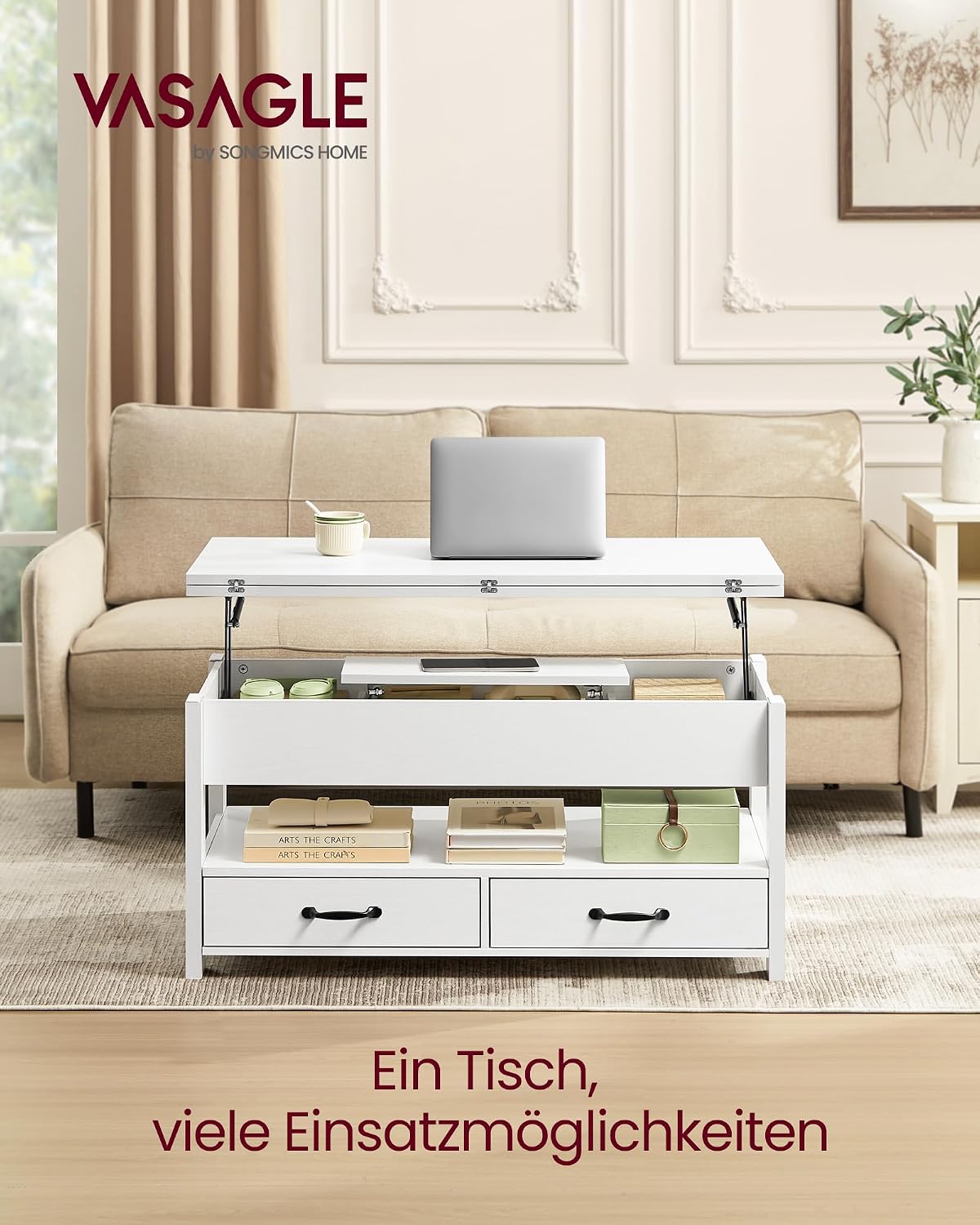 VASAGLE Couchtisch, höhenverstellbarer Wohnzimmertisch, Gaszylinder, 2 Schubladen und 3 Fächer unter der Tischplatte, Kaffeetisch, 1 offenes Fach, für Wohnzimmer, Homeoffice, schneeweiß LCT254W02 — Ansicht 4