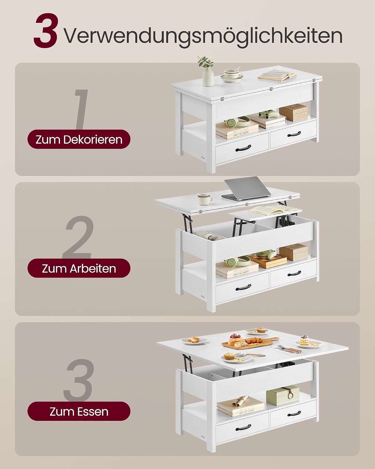 VASAGLE Couchtisch, höhenverstellbarer Wohnzimmertisch, Gaszylinder, 2 Schubladen und 3 Fächer unter der Tischplatte, Kaffeetisch, 1 offenes Fach, für Wohnzimmer, Homeoffice, schneeweiß LCT254W02 — Ansicht 5