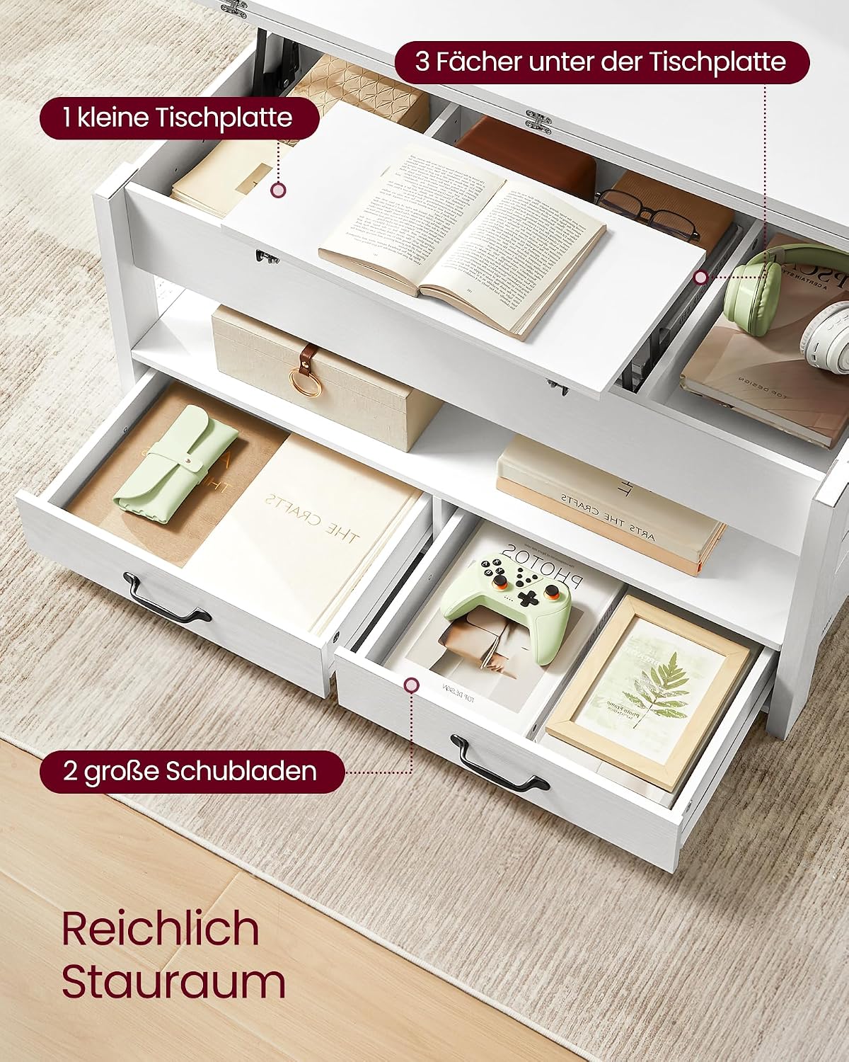 VASAGLE Couchtisch, höhenverstellbarer Wohnzimmertisch, Gaszylinder, 2 Schubladen und 3 Fächer unter der Tischplatte, Kaffeetisch, 1 offenes Fach, für Wohnzimmer, Homeoffice, schneeweiß LCT254W02 — Ansicht 6
