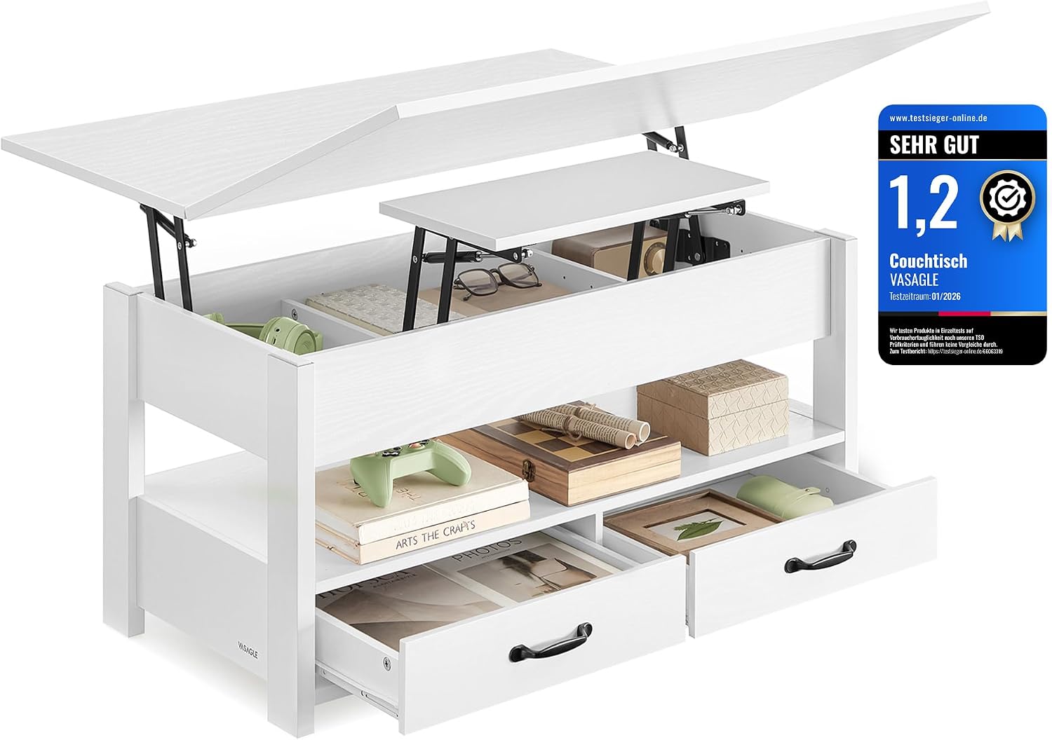 VASAGLE Couchtisch, höhenverstellbarer Wohnzimmertisch, Gaszylinder, 2 Schubladen und 3 Fächer unter der Tischplatte, Kaffeetisch, 1 offenes Fach, für Wohnzimmer, Homeoffice, schneeweiß LCT254W02