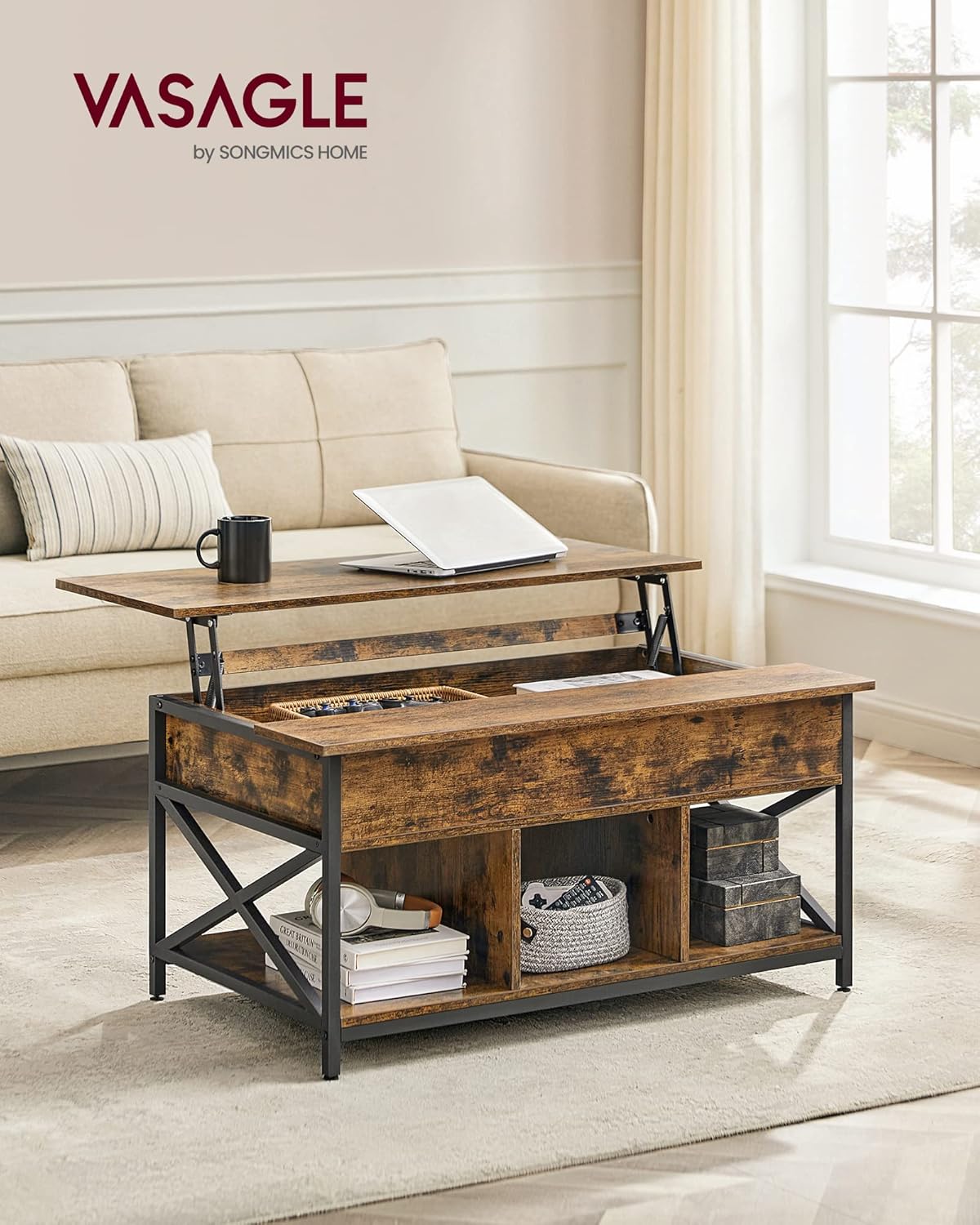 VASAGLE Couchtisch, höhenverstellbarer Wohnzimmertisch, Kaffeetisch, offener und versteckter Stauraum, X-Streben, 60 x 100 x (48-62) cm, vintagebraun-schwarz LCT205B01 — Ansicht 2