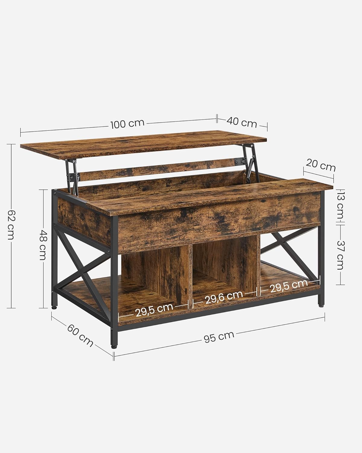 VASAGLE Couchtisch, höhenverstellbarer Wohnzimmertisch, Kaffeetisch, offener und versteckter Stauraum, X-Streben, 60 x 100 x (48-62) cm, vintagebraun-schwarz LCT205B01 — Ansicht 3