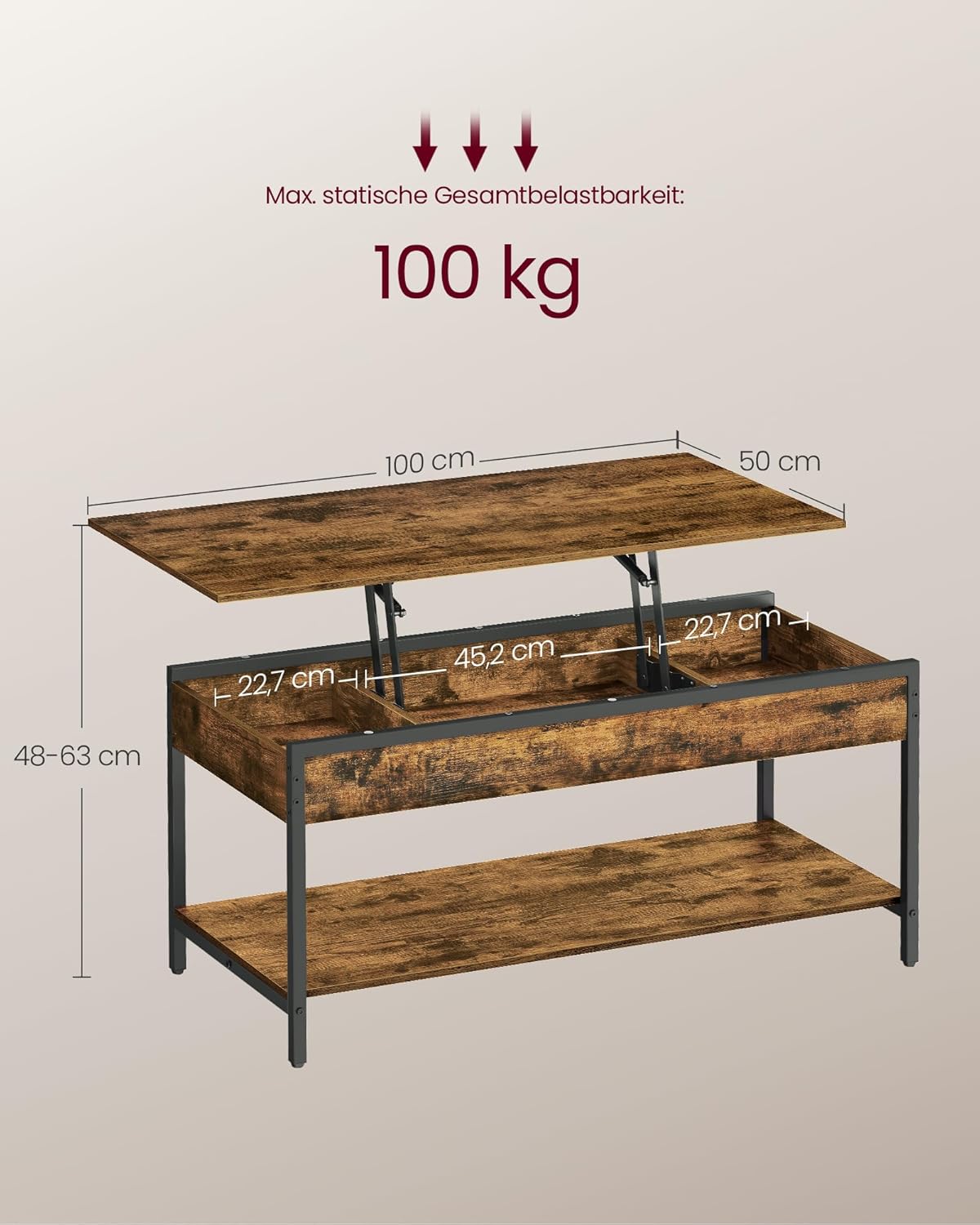 VASAGLE Couchtisch, höhenverstellbarer Wohnzimmertisch, Kaffeetisch, mit offenem Fach und versteckten Fächern, 50 x 100 cm, vintagebraun-tintenschwarz LCT261KD02 — Ansicht 3