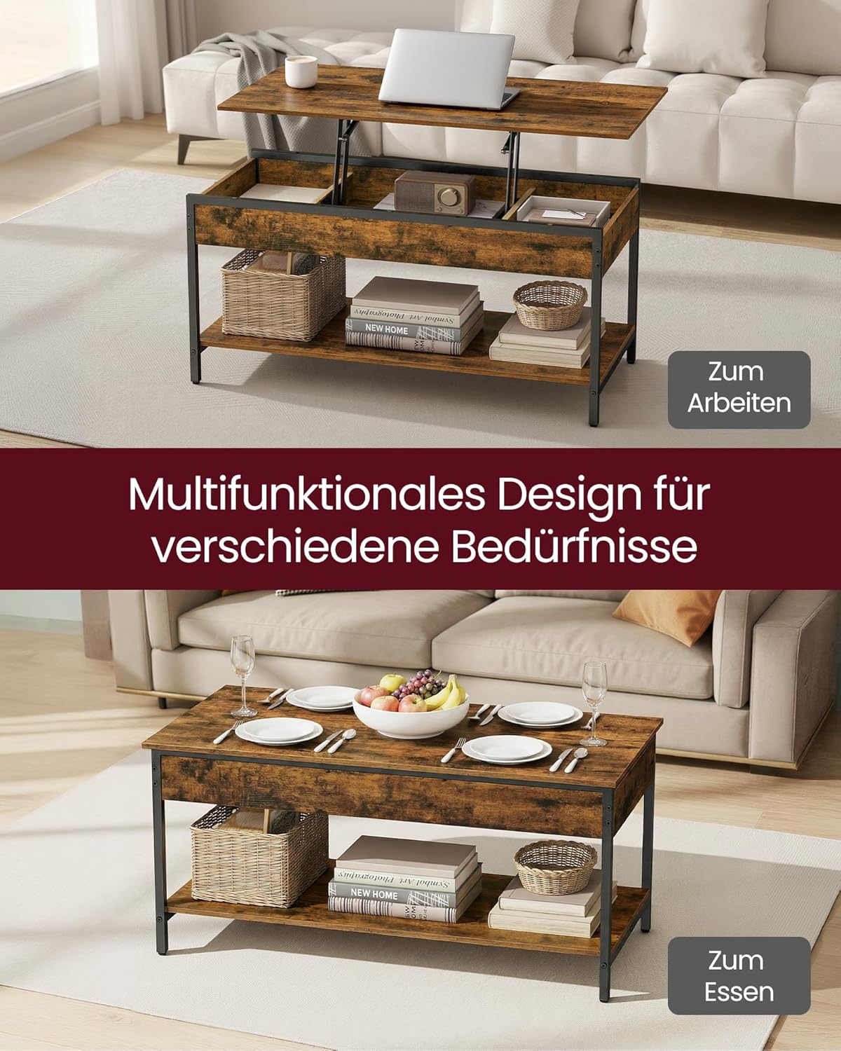 VASAGLE Couchtisch, höhenverstellbarer Wohnzimmertisch, Kaffeetisch, mit offenem Fach und versteckten Fächern, 50 x 100 cm, vintagebraun-tintenschwarz LCT261KD02 — Ansicht 4