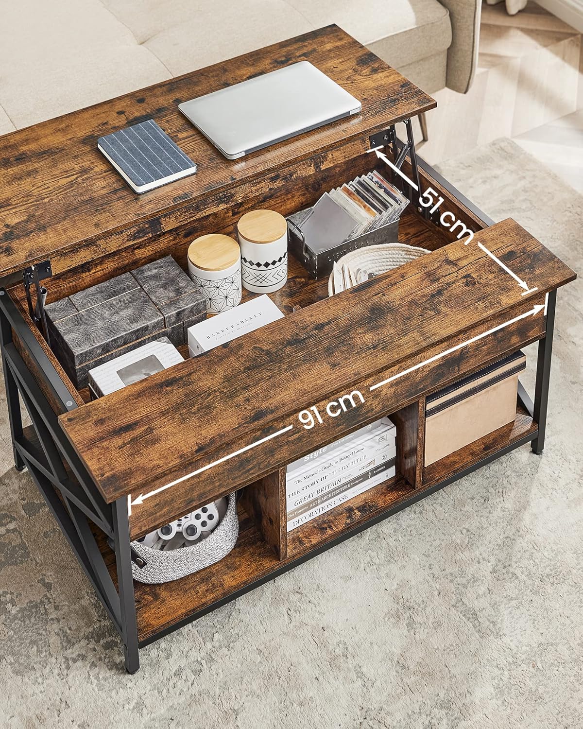 VASAGLE Couchtisch, höhenverstellbarer Wohnzimmertisch, Kaffeetisch, offener und versteckter Stauraum, X-Streben, 60 x 100 x (48-62) cm, vintagebraun-schwarz LCT205B01 — Ansicht 5