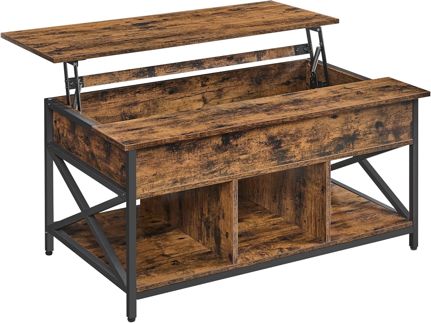 VASAGLE Couchtisch, höhenverstellbarer Wohnzimmertisch, Kaffeetisch, offener und versteckter Stauraum, X-Streben, 60 x 100 x (48-62) cm, vintagebraun-schwarz LCT205B01