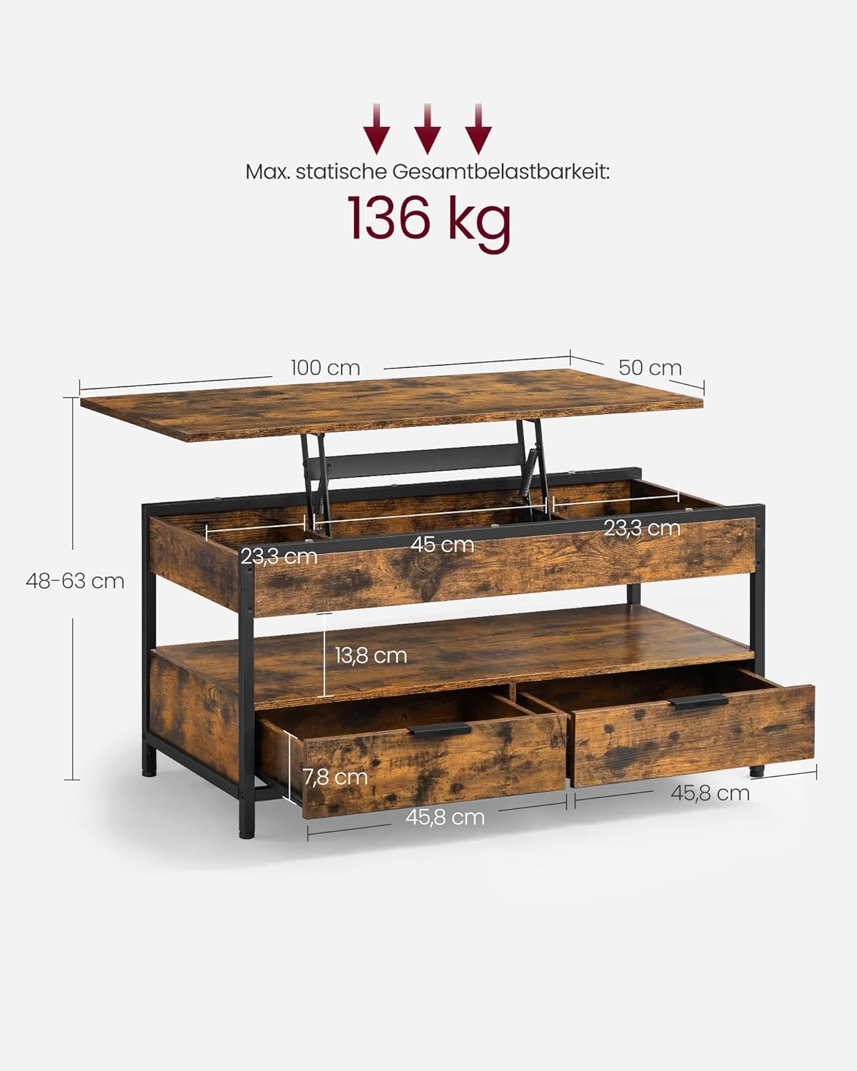 VASAGLE Couchtisch, höhenverstellbarer Wohnzimmertisch, mit Fach | Kaffeetisch mit Schubladen, offenes Fach, vintagebraun-tintenschwarz LCT209K01 — Ansicht 3