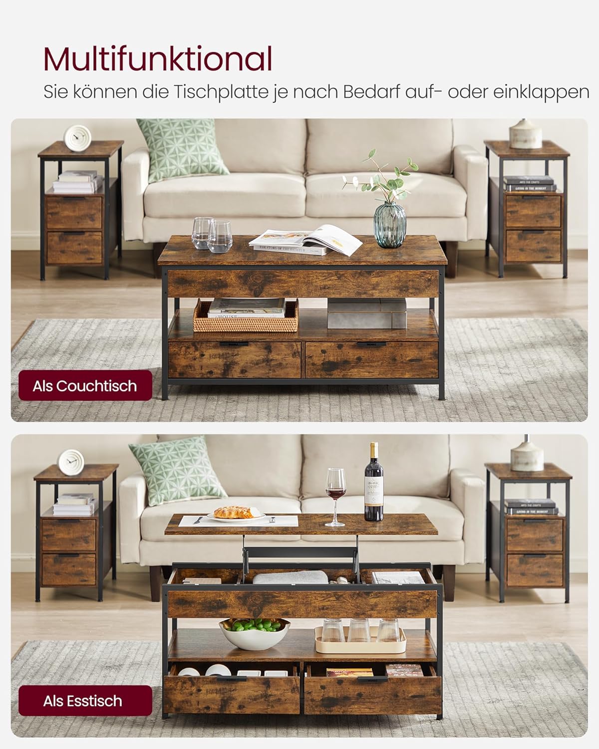 VASAGLE Couchtisch, höhenverstellbarer Wohnzimmertisch, mit Fach | Kaffeetisch mit Schubladen, offenes Fach, vintagebraun-tintenschwarz LCT209K01 — Ansicht 4