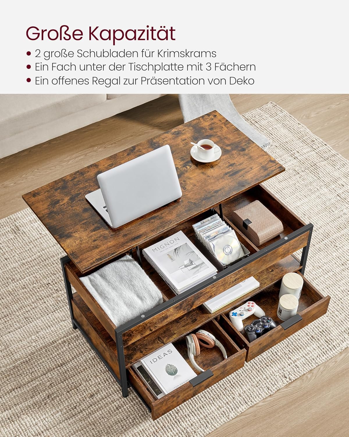VASAGLE Couchtisch, höhenverstellbarer Wohnzimmertisch, mit Fach | Kaffeetisch mit Schubladen, offenes Fach, vintagebraun-tintenschwarz LCT209K01 — Ansicht 5
