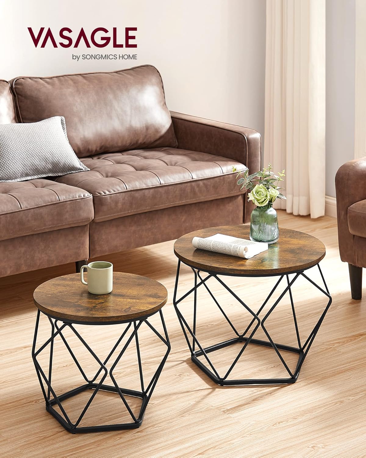 VASAGLE Couchtisch rund, 2er Set, Wohnzimmertisch, Beistelltisch, Vintage-Flair, abnehmbare Tischplatte, für Wohnzimmer, vintagebraun-tintenschwarz LET040B01 — Ansicht 2