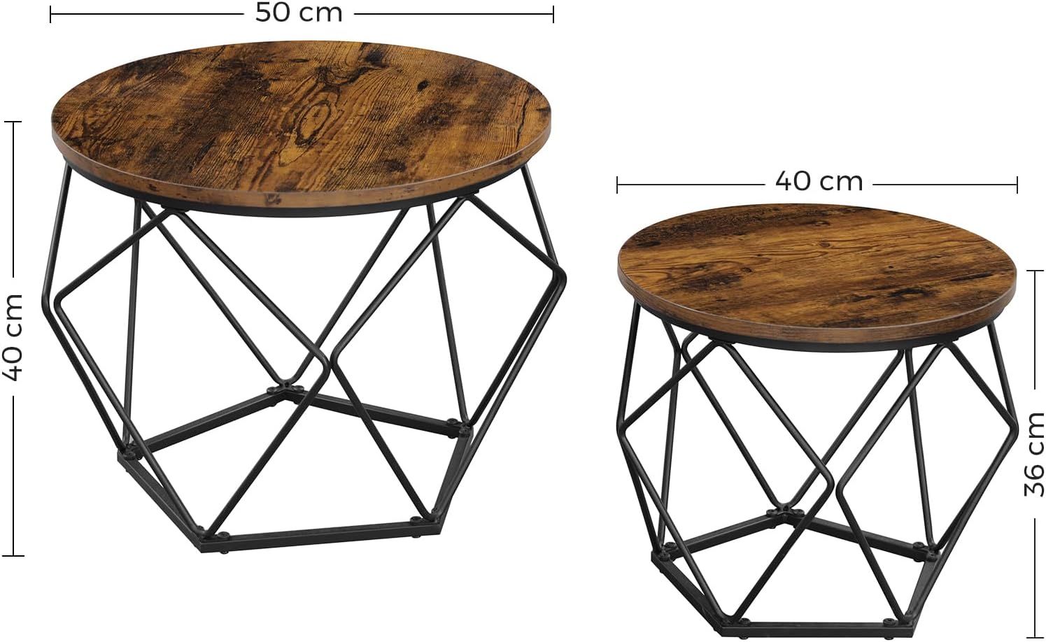 VASAGLE Couchtisch rund, 2er Set, Wohnzimmertisch, Beistelltisch, Vintage-Flair, abnehmbare Tischplatte, für Wohnzimmer, vintagebraun-tintenschwarz LET040B01 — Ansicht 3