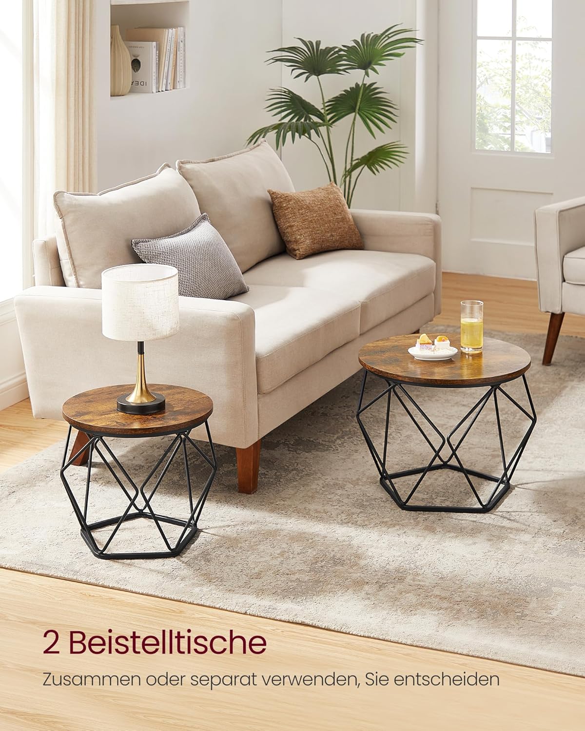 VASAGLE Couchtisch rund, 2er Set, Wohnzimmertisch, Beistelltisch, Vintage-Flair, abnehmbare Tischplatte, für Wohnzimmer, vintagebraun-tintenschwarz LET040B01 — Ansicht 4