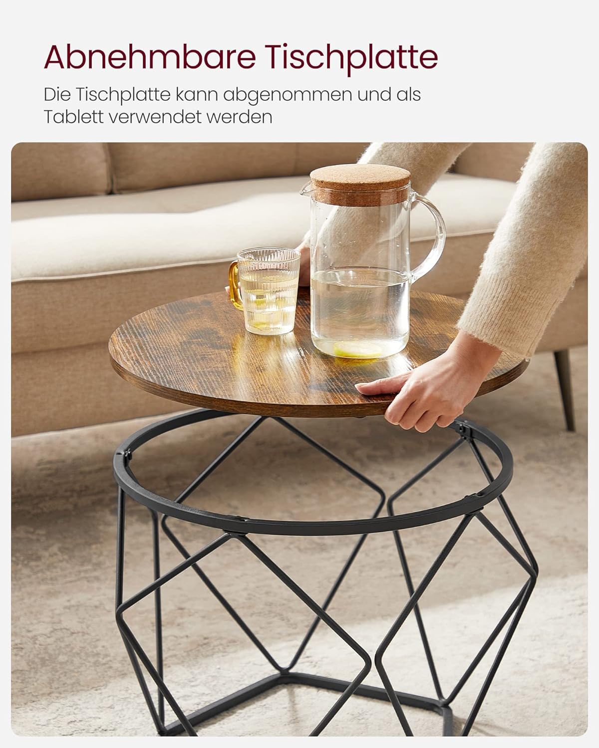 VASAGLE Couchtisch rund, 2er Set, Wohnzimmertisch, Beistelltisch, Vintage-Flair, abnehmbare Tischplatte, für Wohnzimmer, vintagebraun-tintenschwarz LET040B01 — Ansicht 6