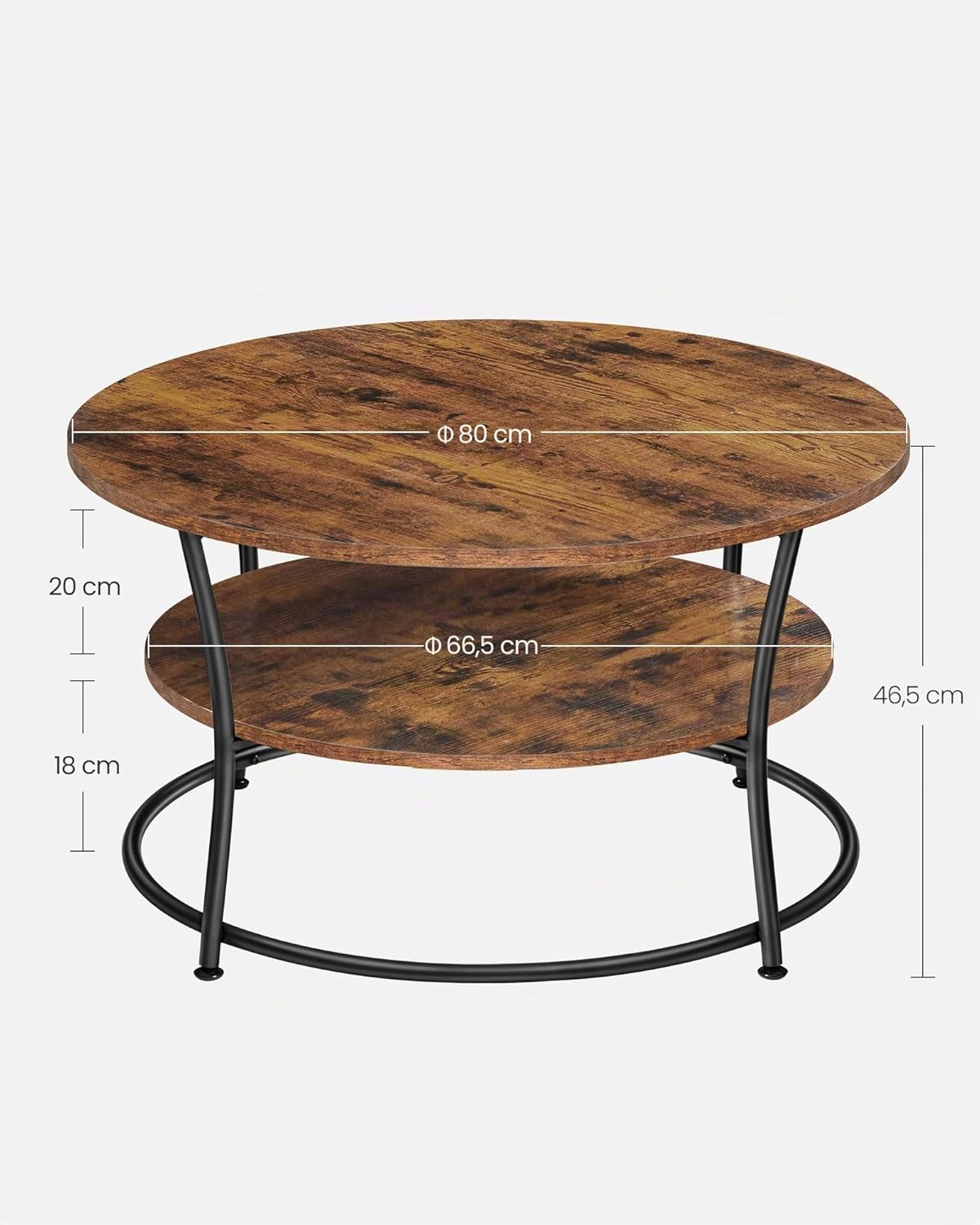 VASAGLE Couchtisch rund, Wohnzimmertisch, Sofatisch mit Ablage, einfacher Aufbau, Metall, Industrie-Design, vintagebraun-tintenschwarz LCT80BX | Wohnzimmertisch, einfacher Aufbau, Industrie-Design, LCT80BX — Ansicht 3